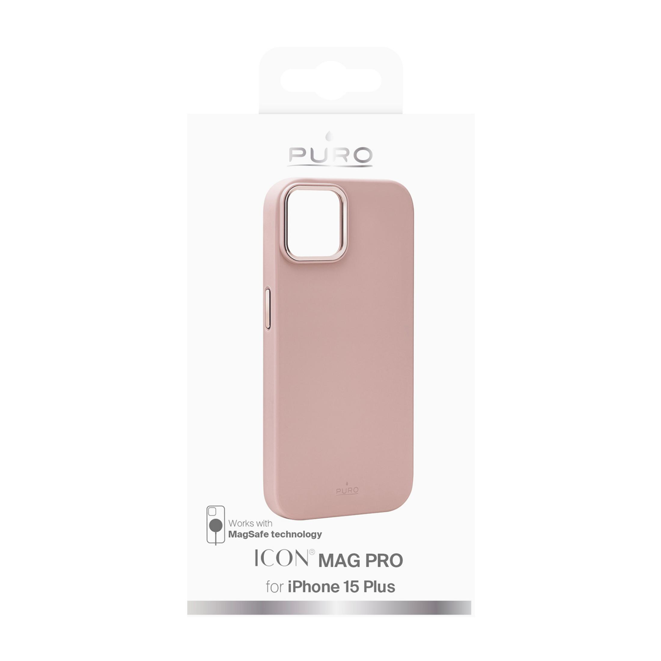 Una cover rosa cipria per iPhone 15 Plus con tecnologia MagSafe.