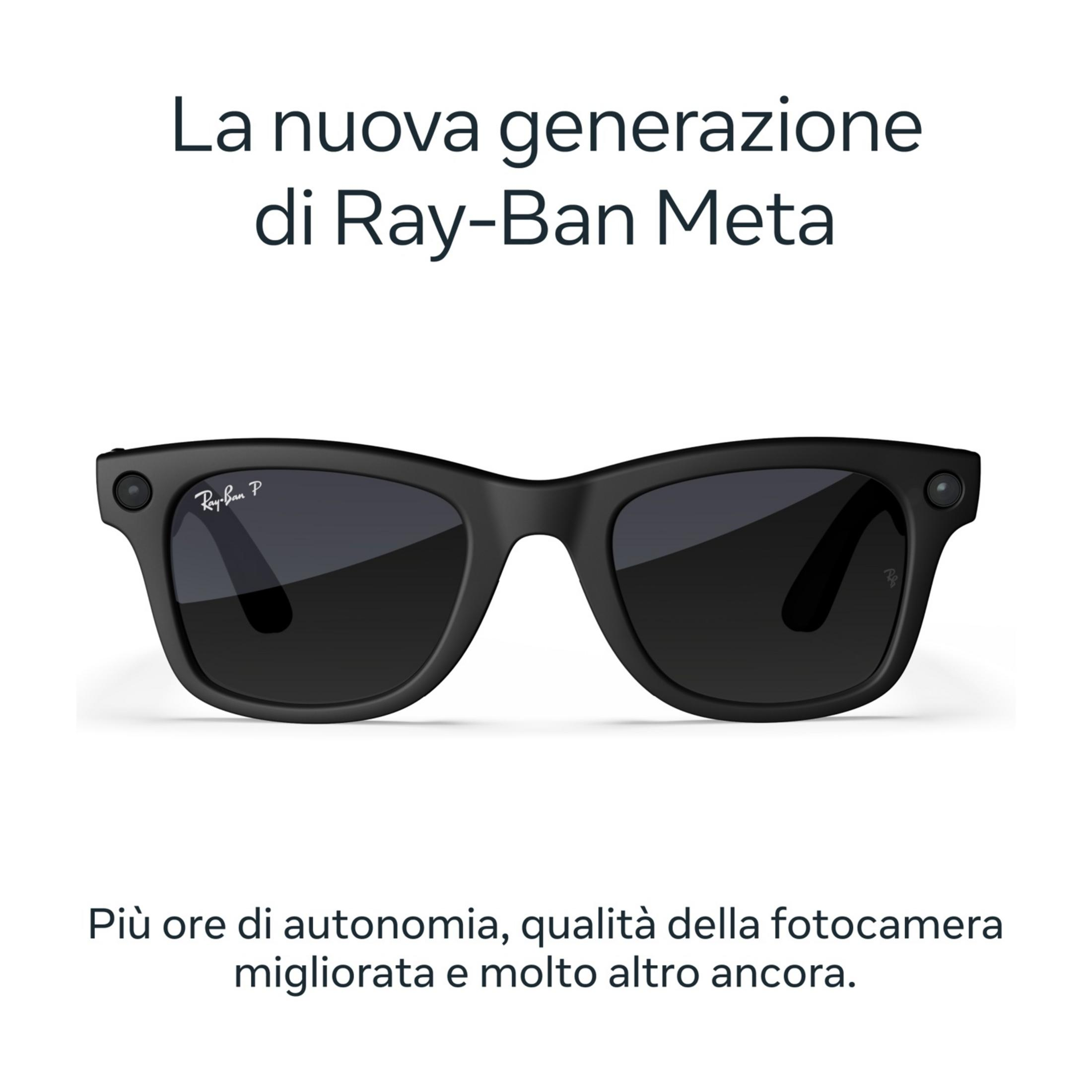 Occhiali neri Ray-Ban Meta con fotocamere e lenti.