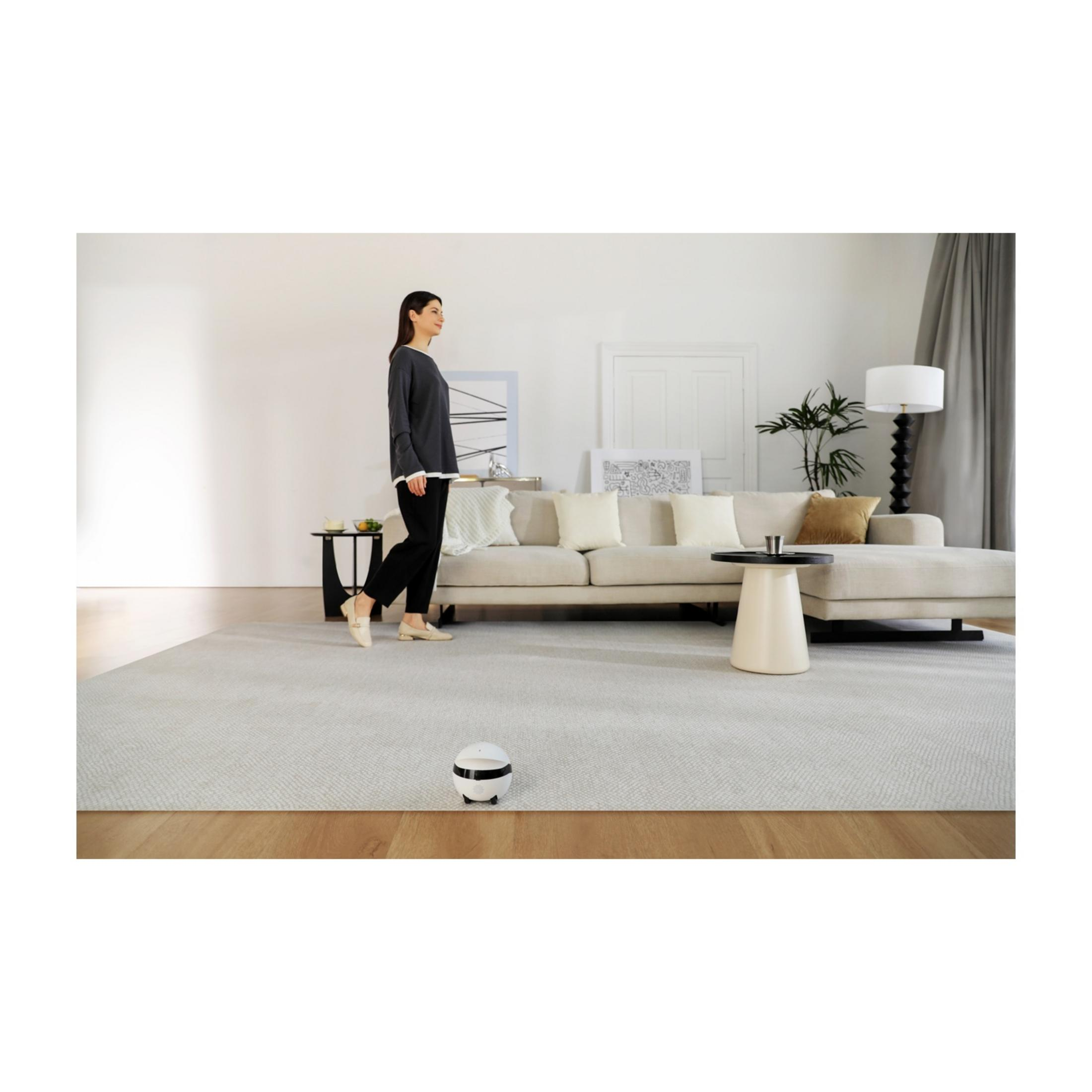 Eine Frau geht durch ein modernes Wohnzimmer, ein kleiner Roboter ist auf dem Teppich.