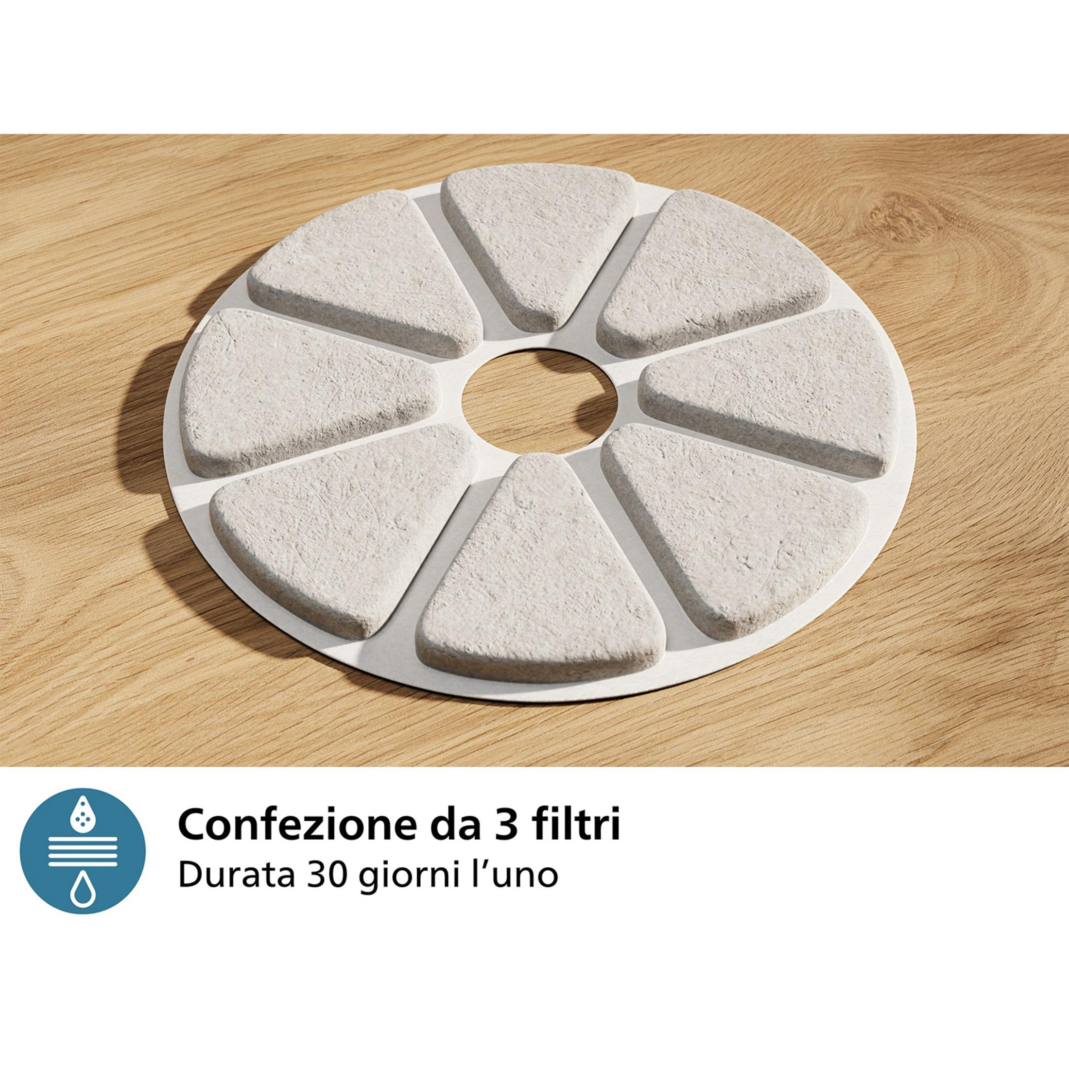 Een witte filterhouder met 7 driehoekige lichtgrijze filters op houten achtergrond.