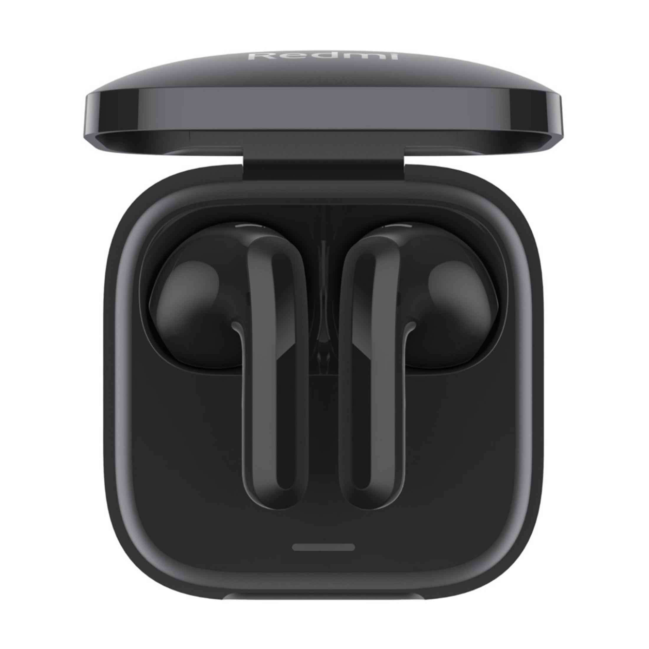 Auriculares inalámbricos negros en un estuche de carga abierto con logo Redmi.