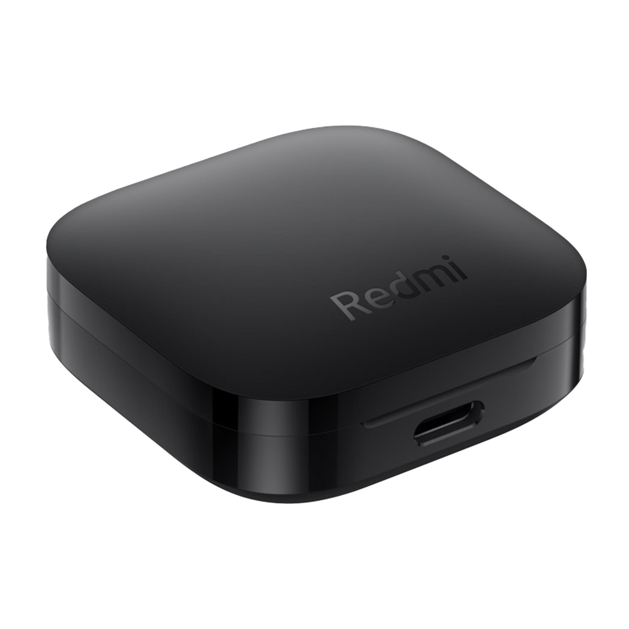 Estuche de carga negro con logo de Redmi y puerto USB-C.