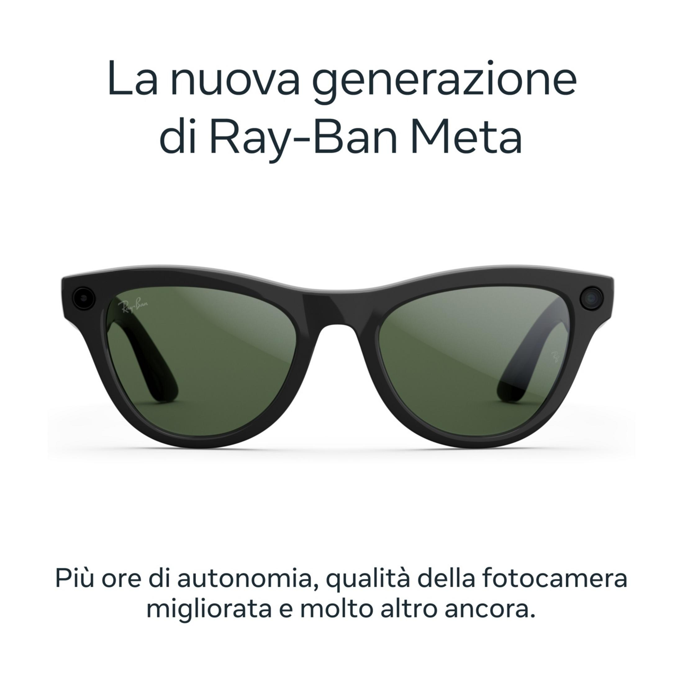 Schwarze Ray-Ban Meta Brille mit grünen Gläsern und Kameras.