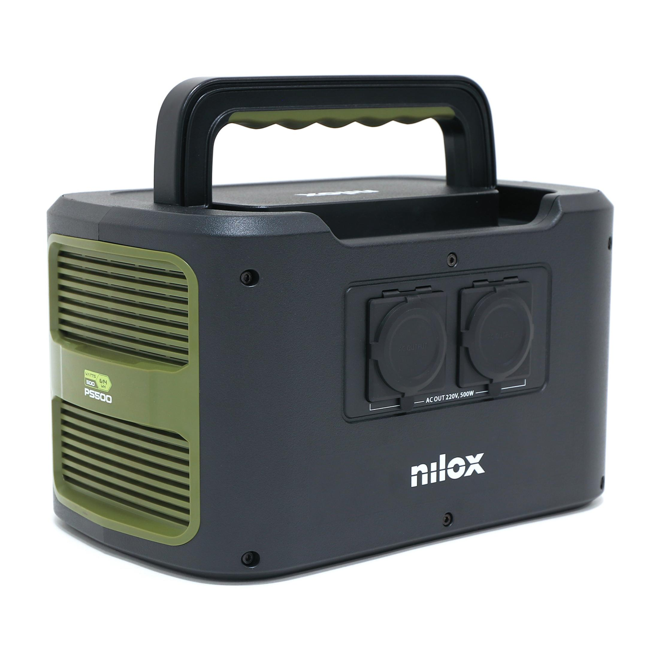 Czarna i zielona przenośna stacja zasilania Nilox z uchwytem i gniazdami.