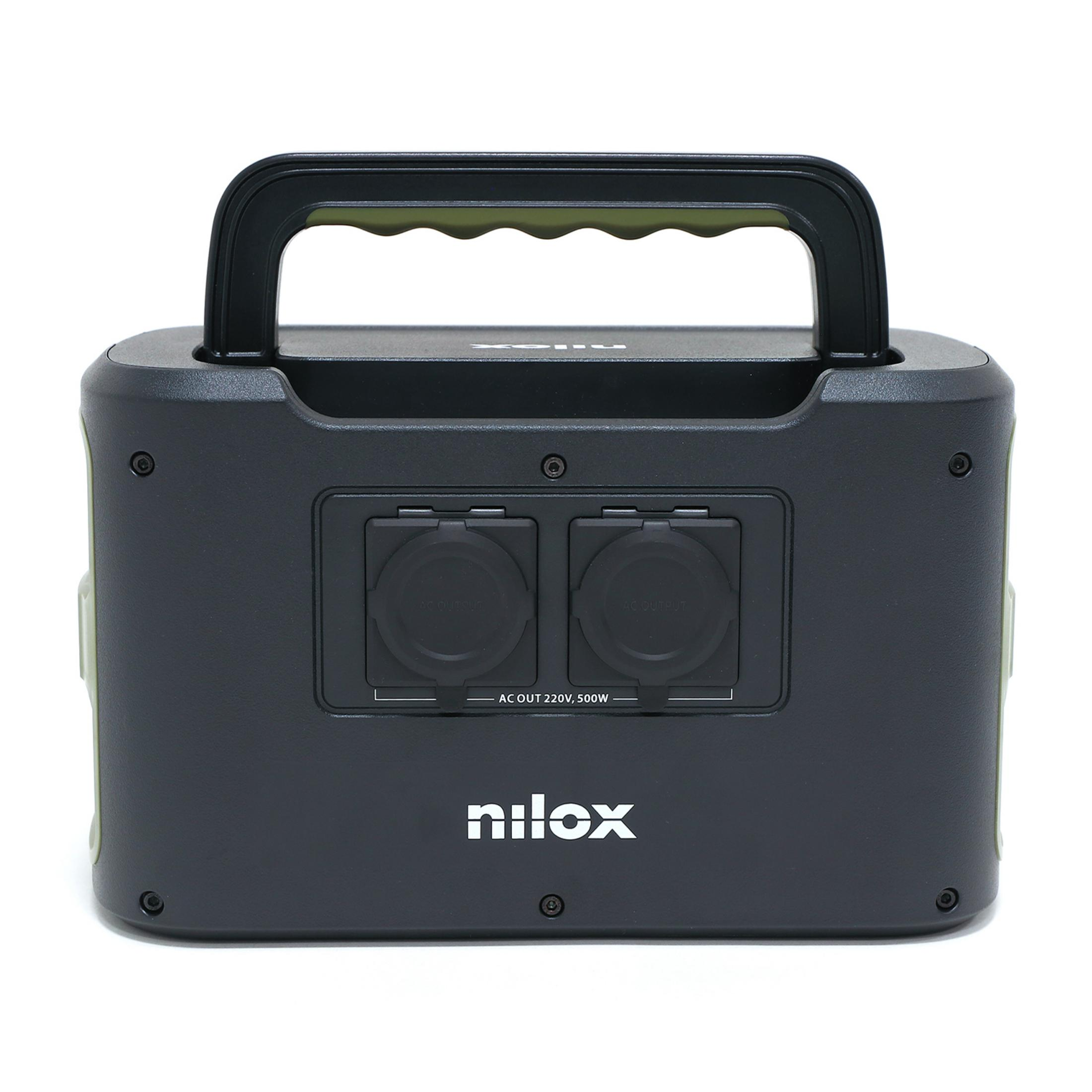 Czarna stacja zasilania Nilox z dwoma gniazdami i uchwytem.