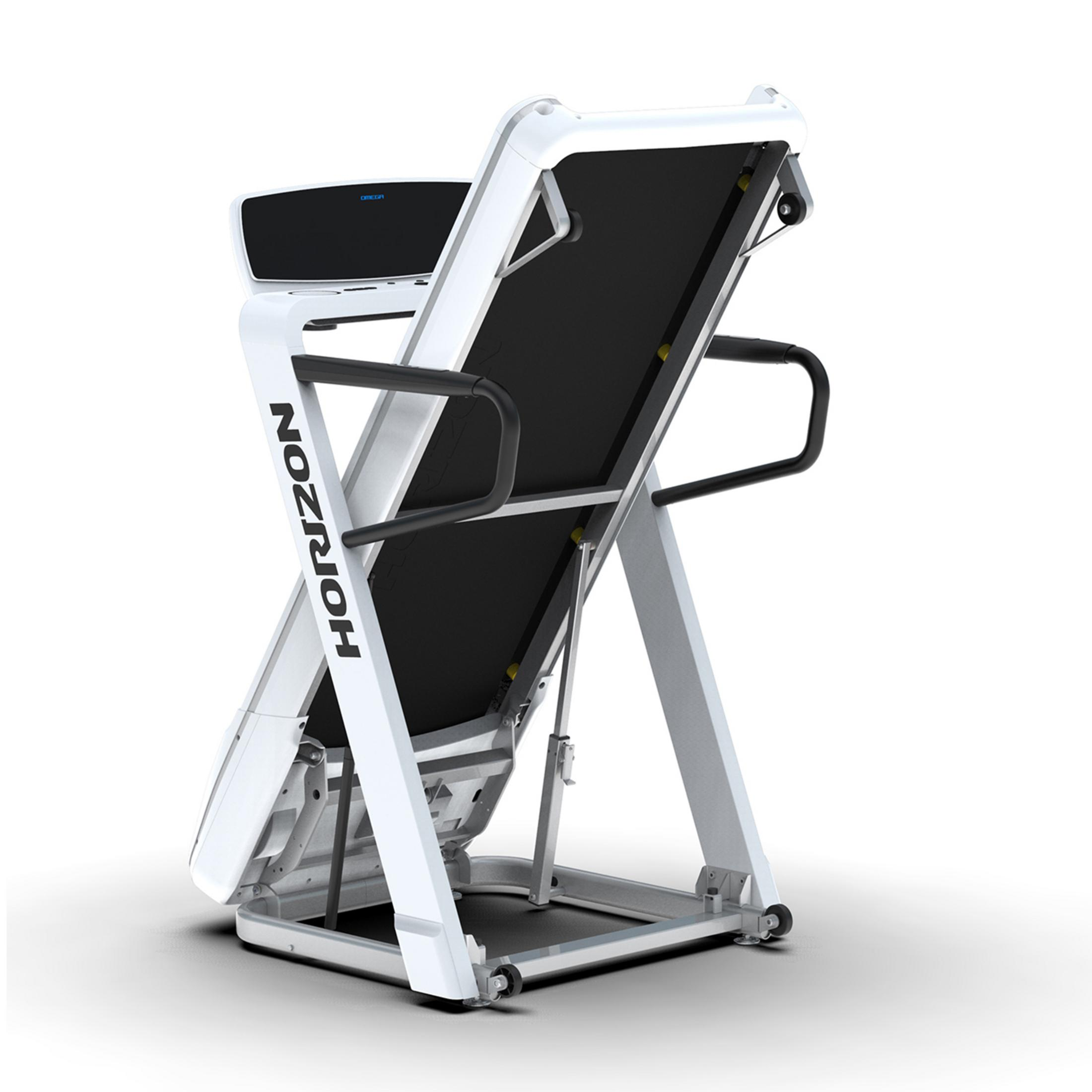 Biała bieżnia z czarnym pasem, podniesiona, z logo HORIZON.