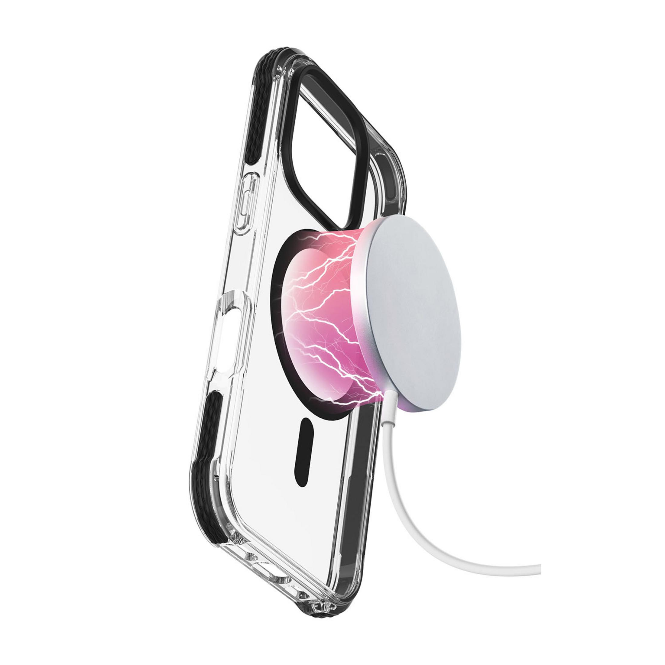 Transparente Handyhülle mit magnetischem Ladegerät und rosa Blitzen.