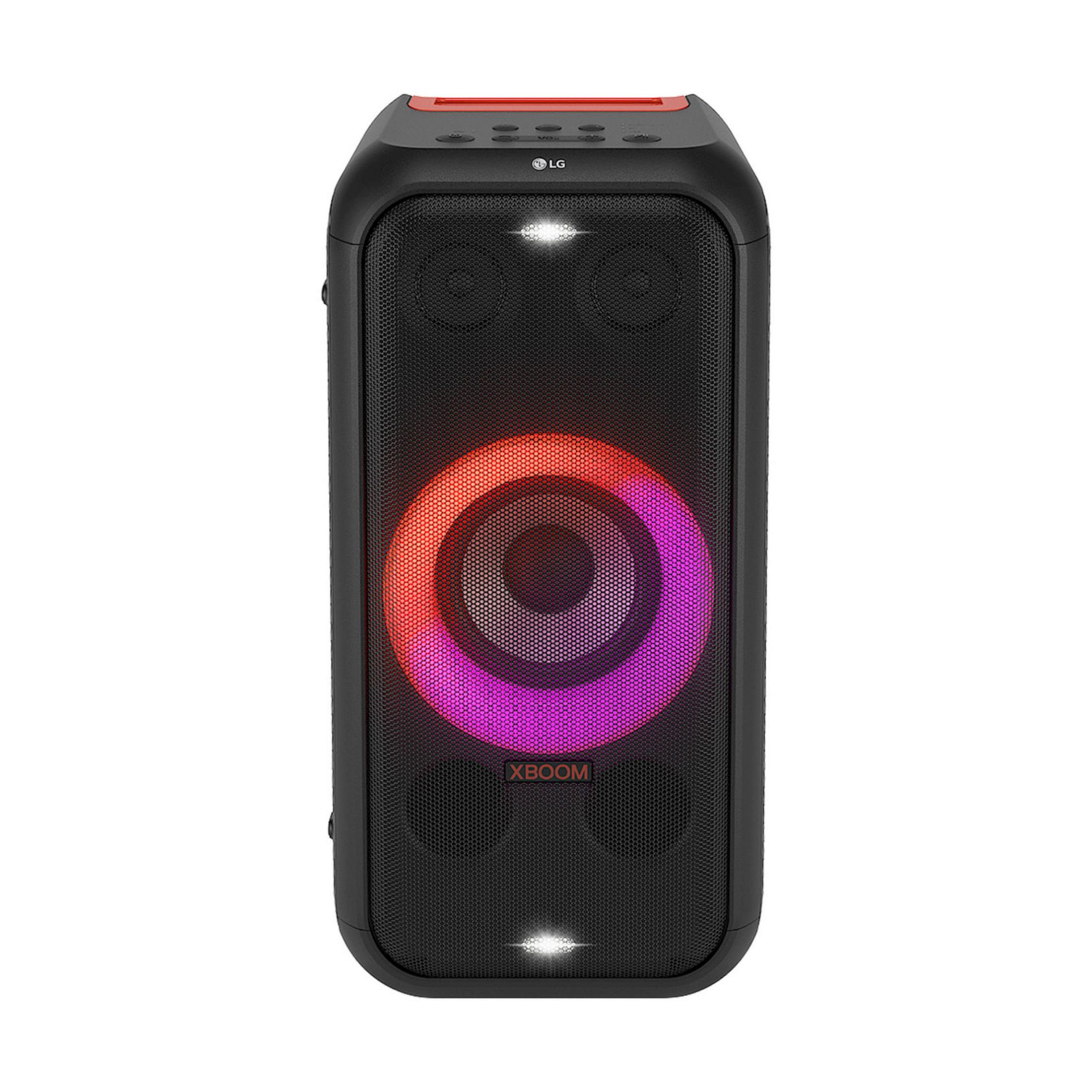 Altavoz LG XBOOM negro con anillo de luz rojo y morado sobre fondo blanco.