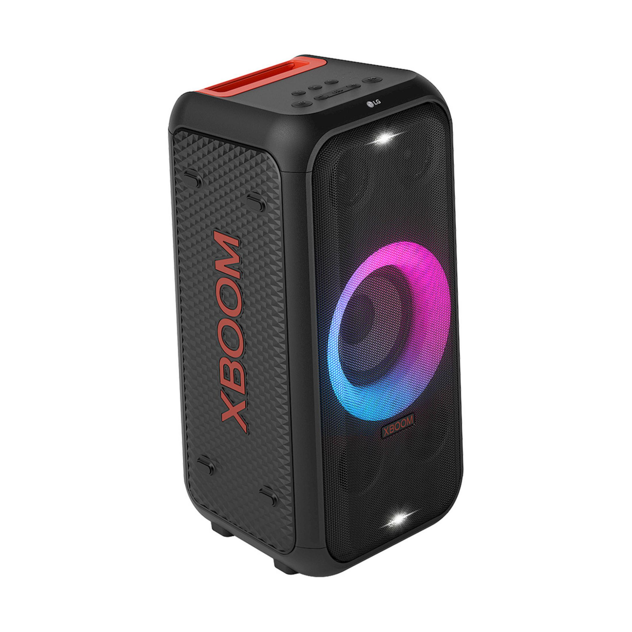 Altavoz LG XBOOM negro con asa roja e iluminación colorida.