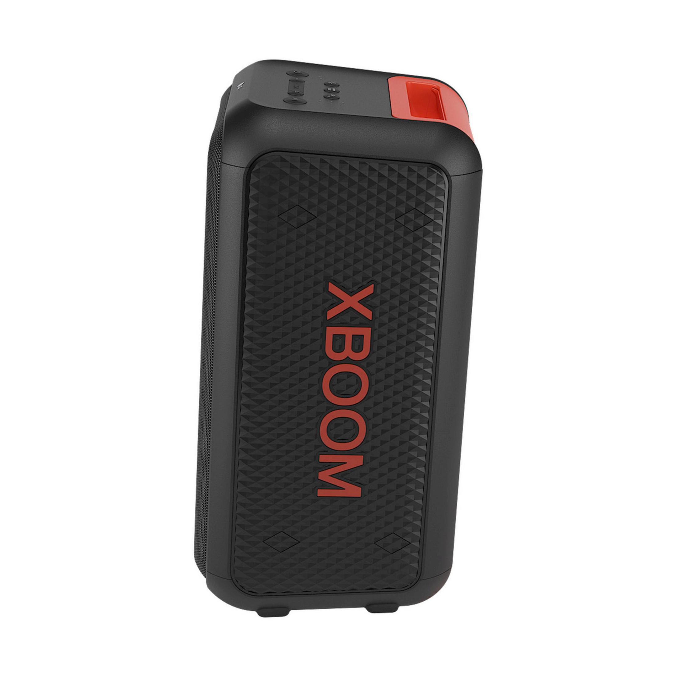 Altavoz portátil negro con detalles rojos y logo "XBOOM".