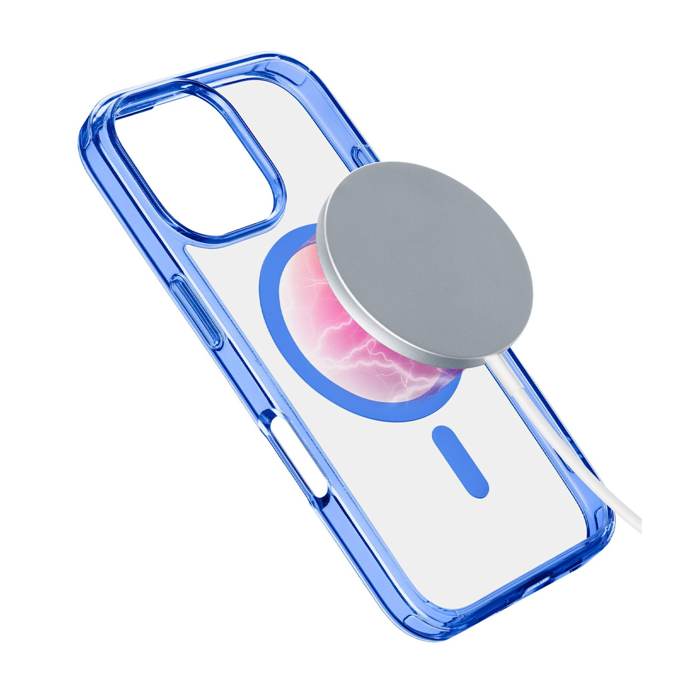 Una funda de teléfono transparente con borde azul, mostrando un cargador magnético.