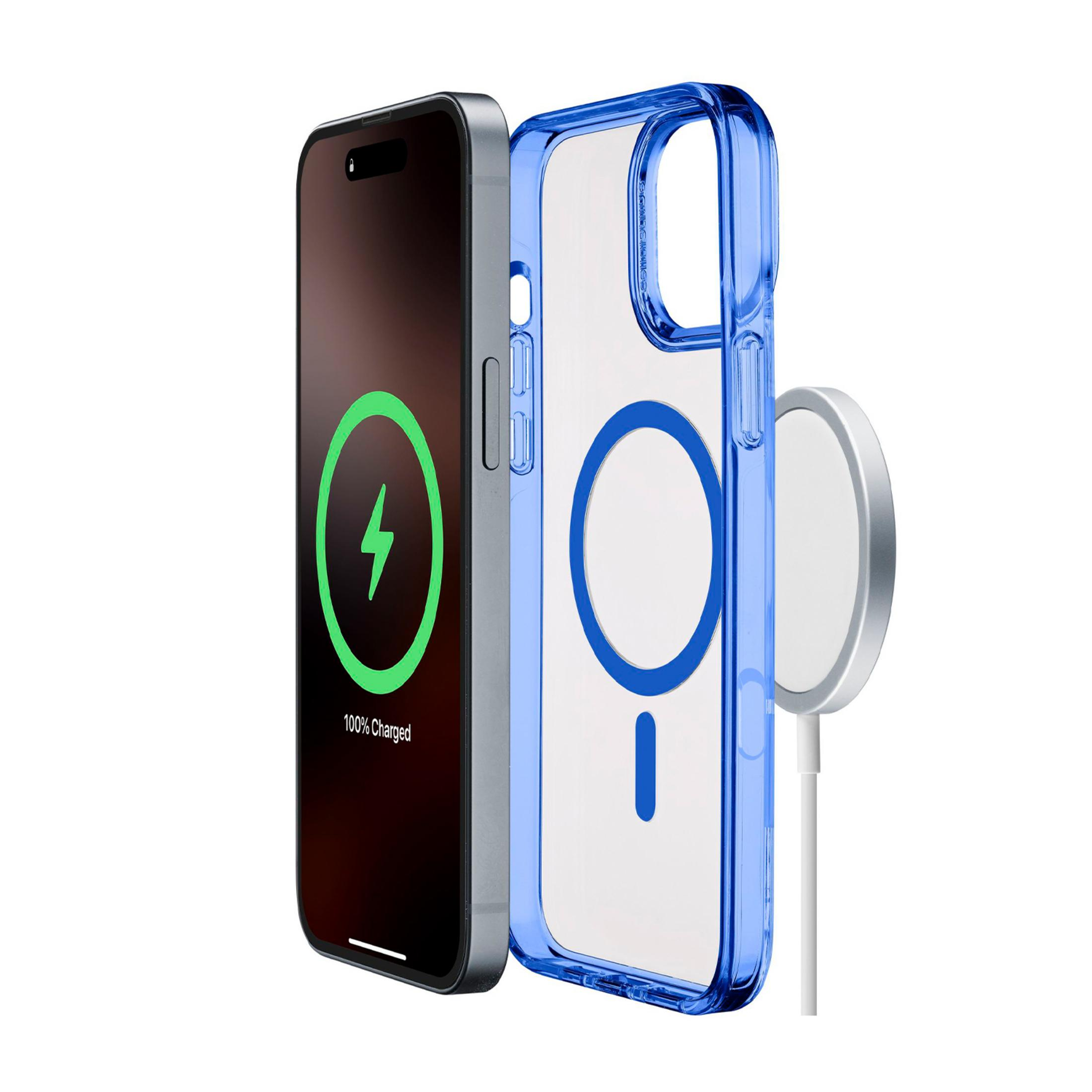 Un smartphone muestra un icono de carga y una funda azul al lado.