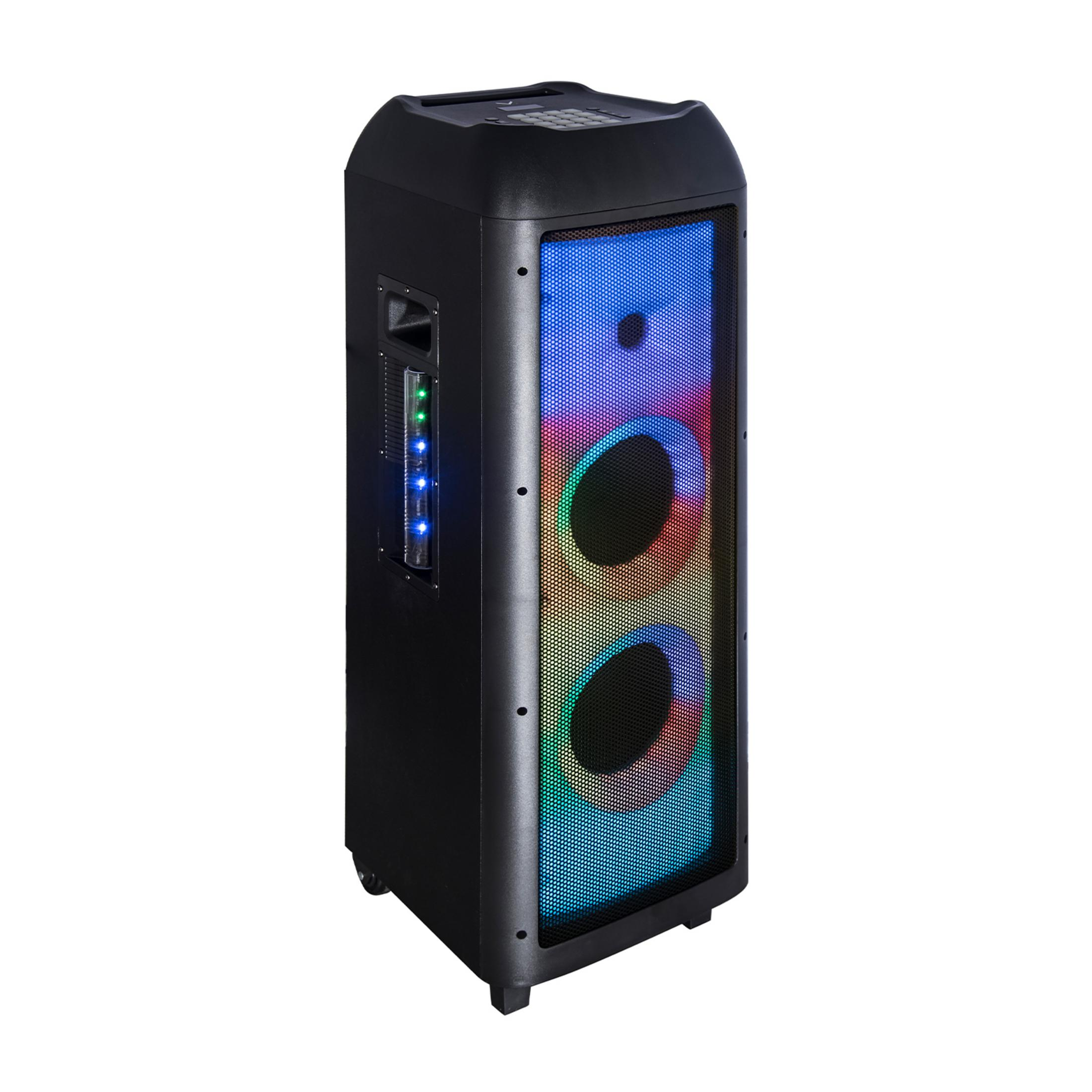 Czarny głośnik z oświetleniem RGB i panelem sterowania.