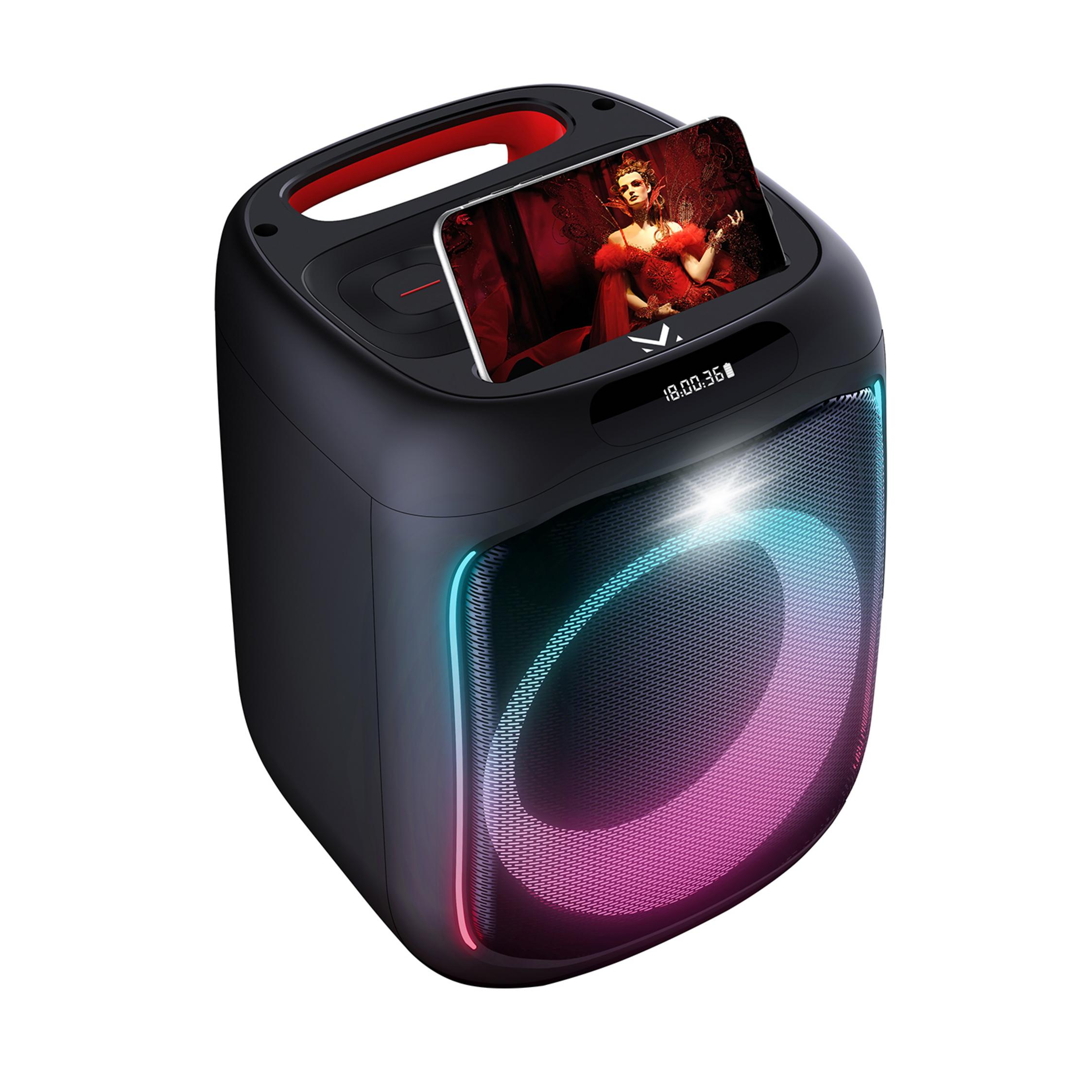 Czarny głośnik z czerwonym uchwytem, uchwytem na telefon i kolorowymi światłami.