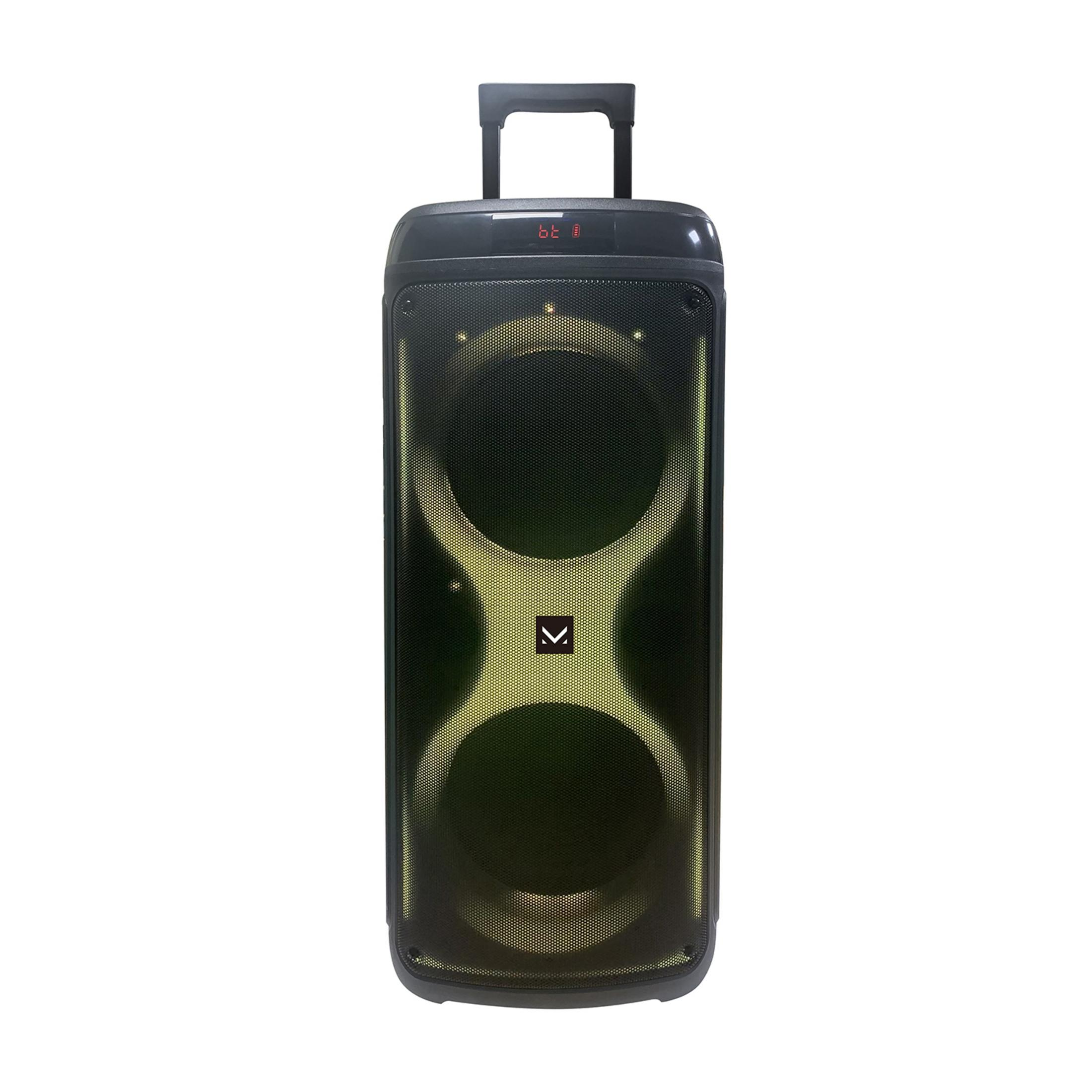 Czarny przenośny głośnik z kółkami i wysuwanym uchwytem.