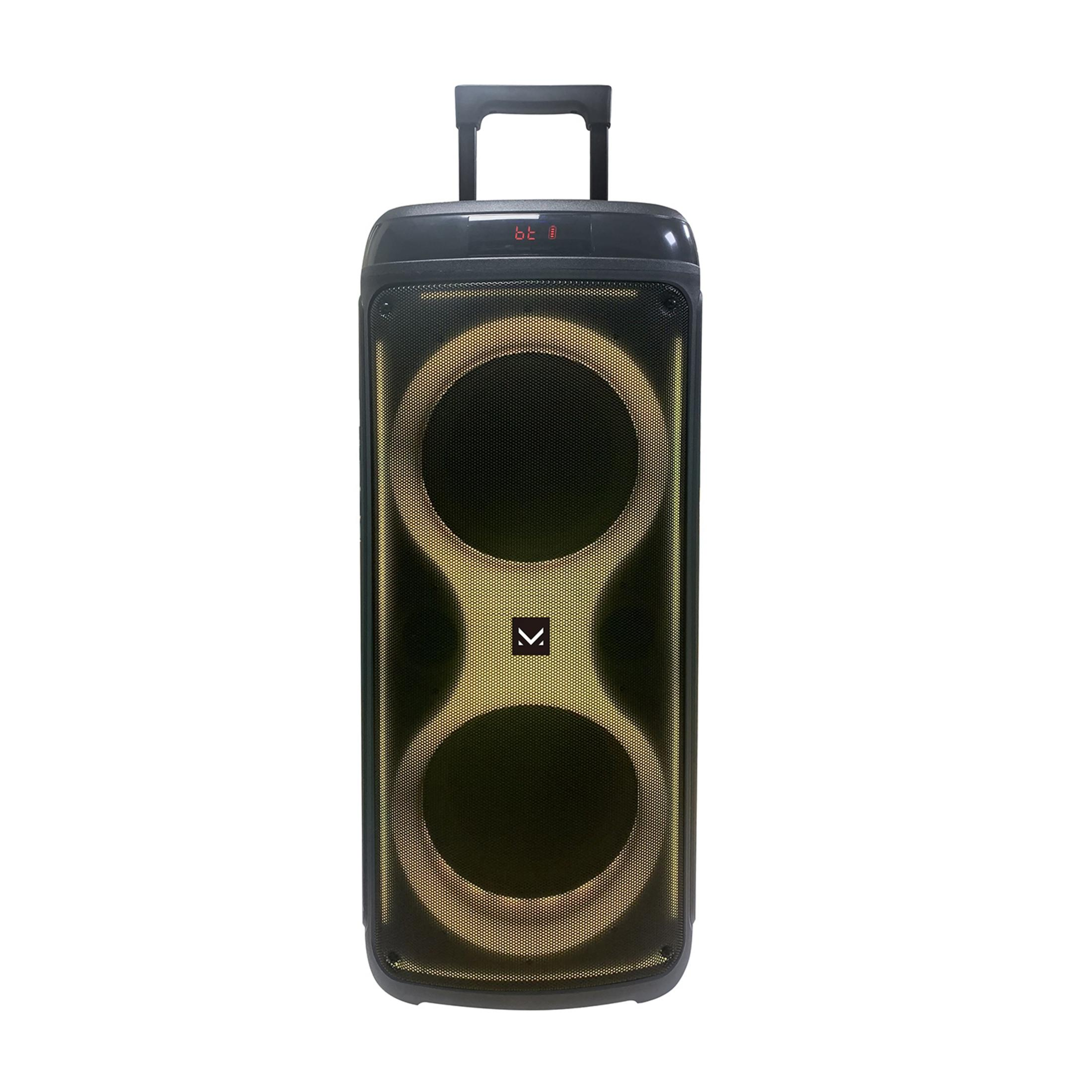 Czarny głośnik przenośny z dwoma podświetlanymi pierścieniami i wysuwanym uchwytem.