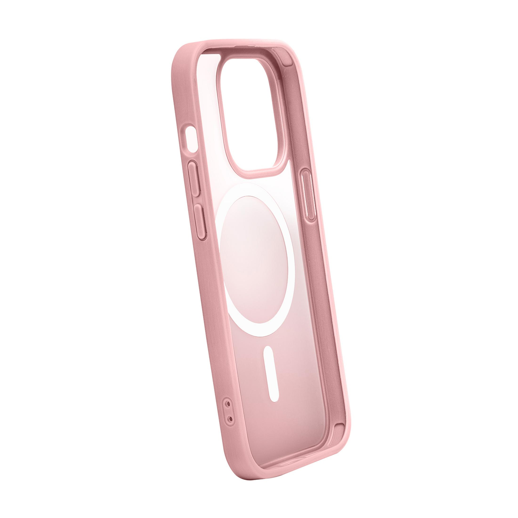 Una cover rosa per telefono con cerchio MagSafe su sfondo bianco.