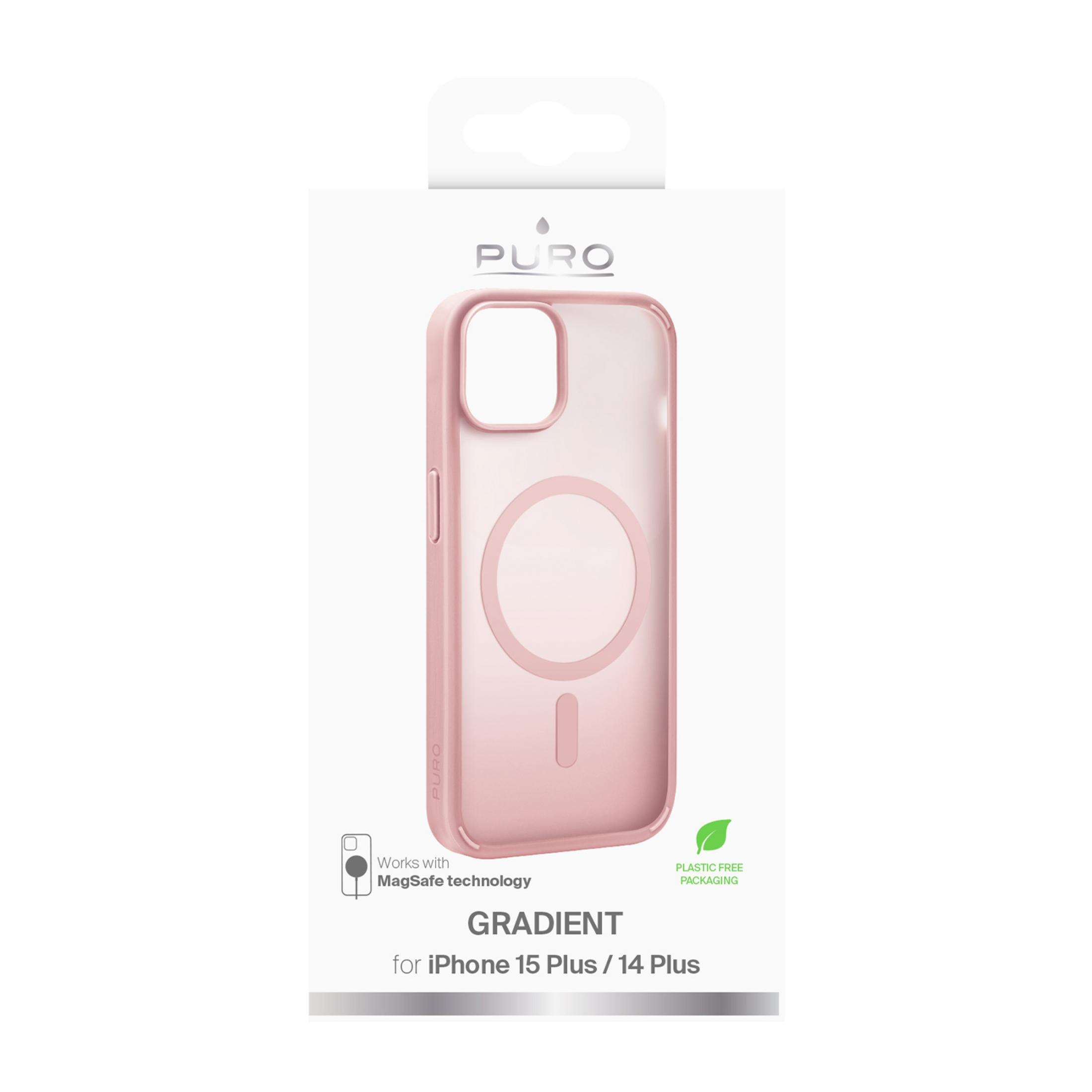 Una custodia rosa per iPhone con tecnologia MagSafe e logo PURO.