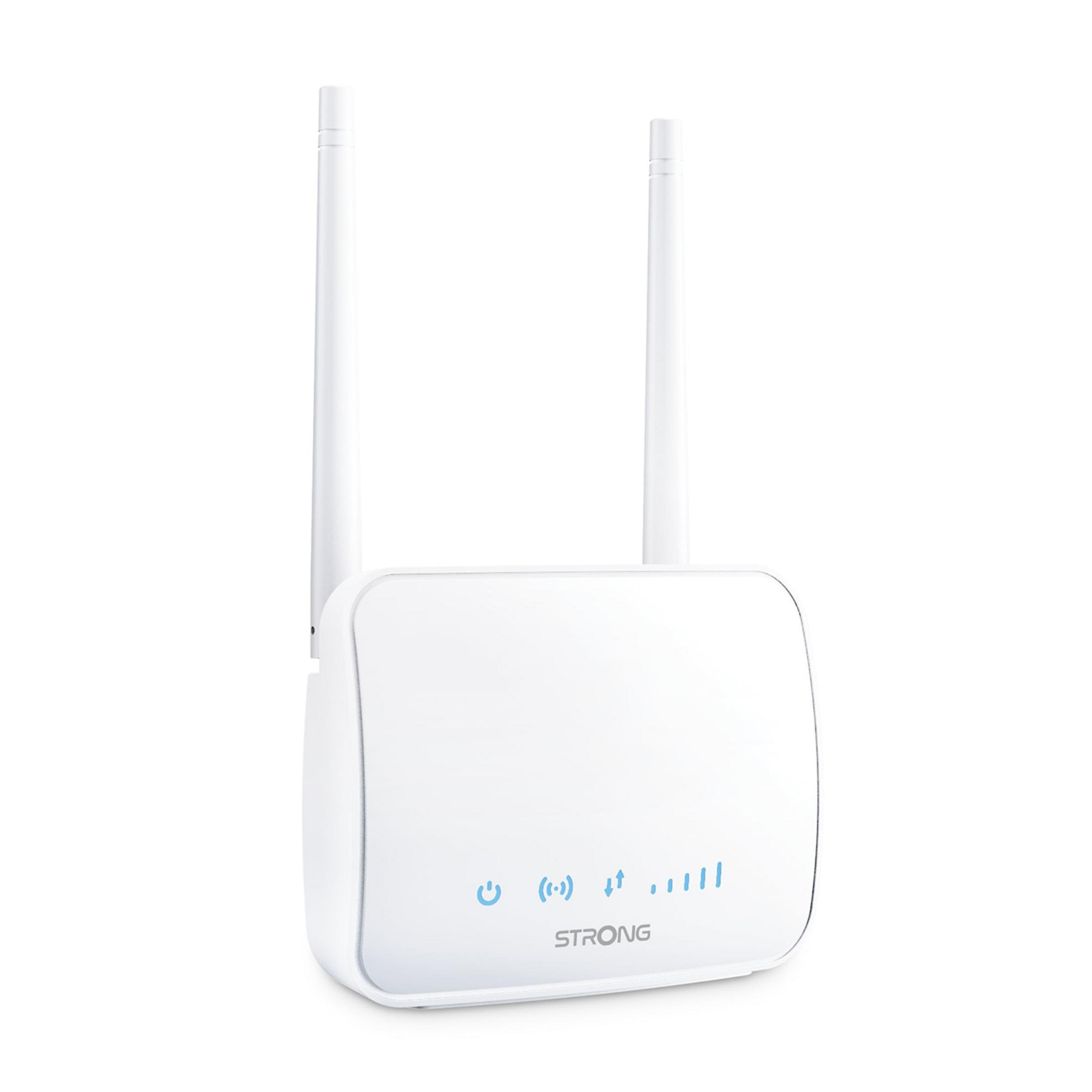 Un enrutador blanco con dos antenas e iconos azules en el frente.