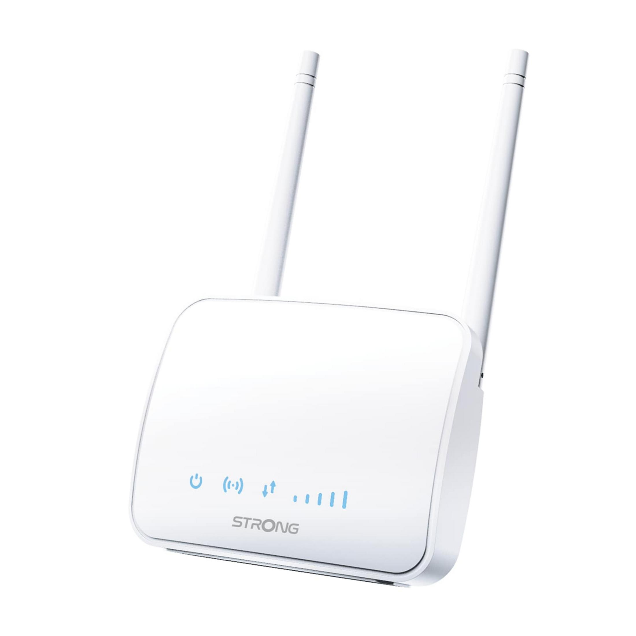 Un router Wi-Fi blanco STRONG con dos antenas y luces indicadoras azules.