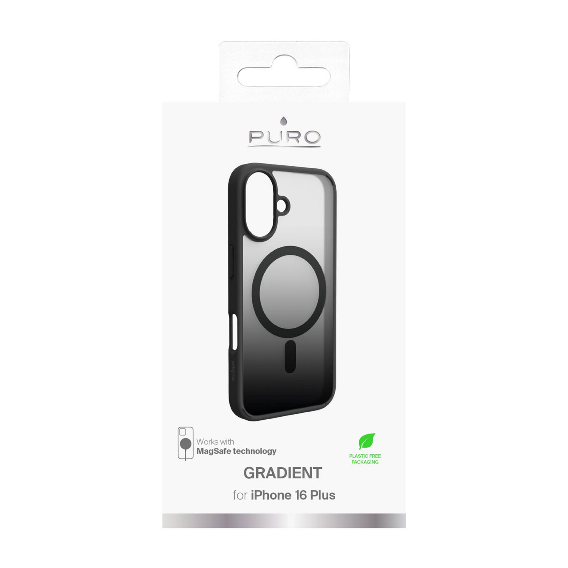 Funda Puro iPhone 16 Plus con MagSafe, degradado negro, embalaje sin plástico.