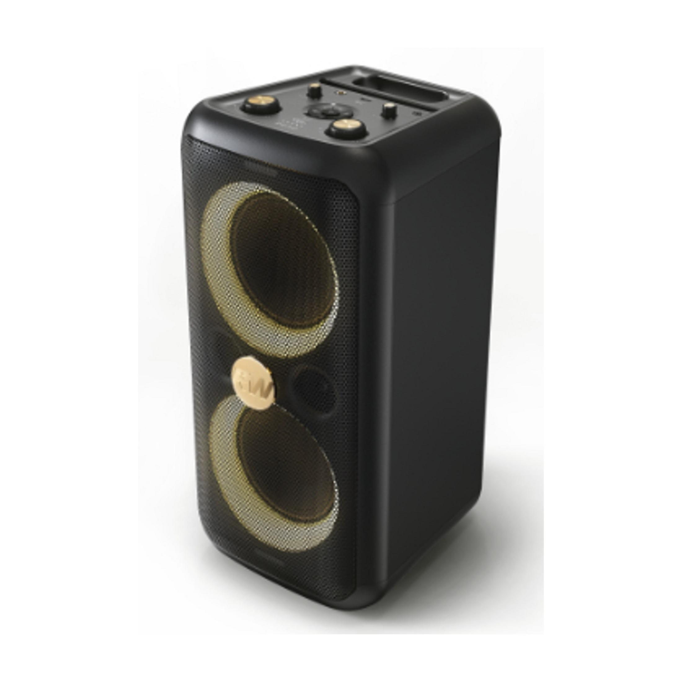 Altavoz negro con dos altavoces dorados y controles en la parte superior.
