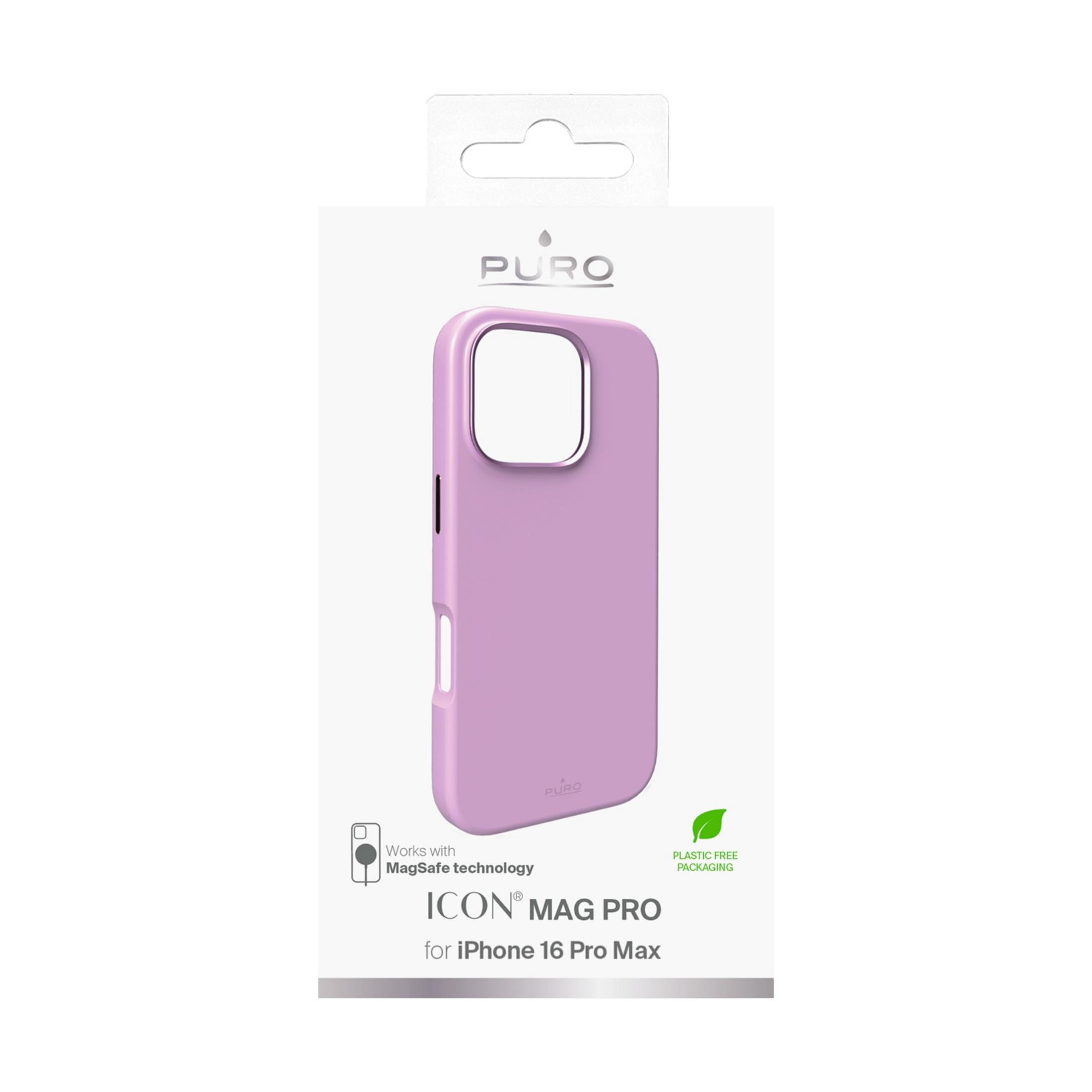 Lila Handyhülle für iPhone 16 Pro Max mit MagSafe-Logo.