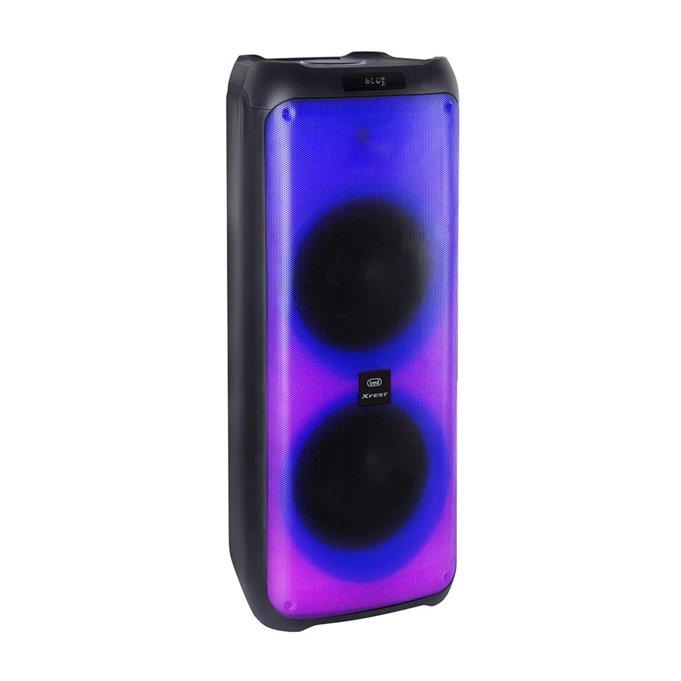 Altoparlante nero con illuminazione blu e viola, due altoparlanti.