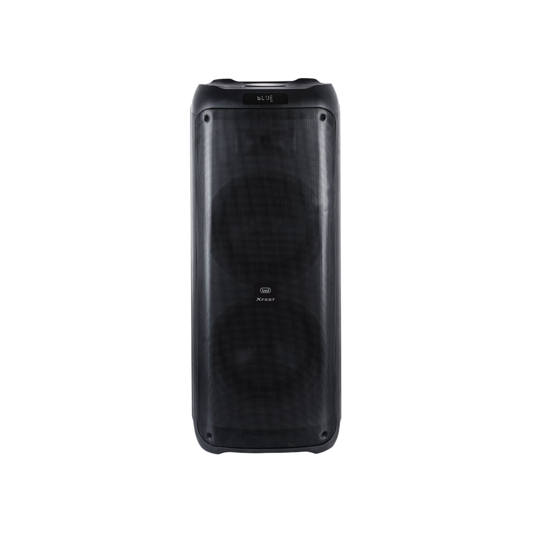 Uno speaker nero rettangolare con due griglie e display blu.