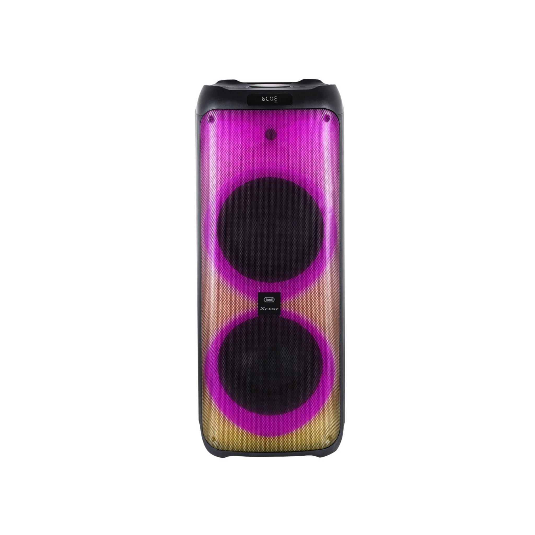 Un altoparlante Bluetooth nero con cerchi illuminati viola e arancioni.