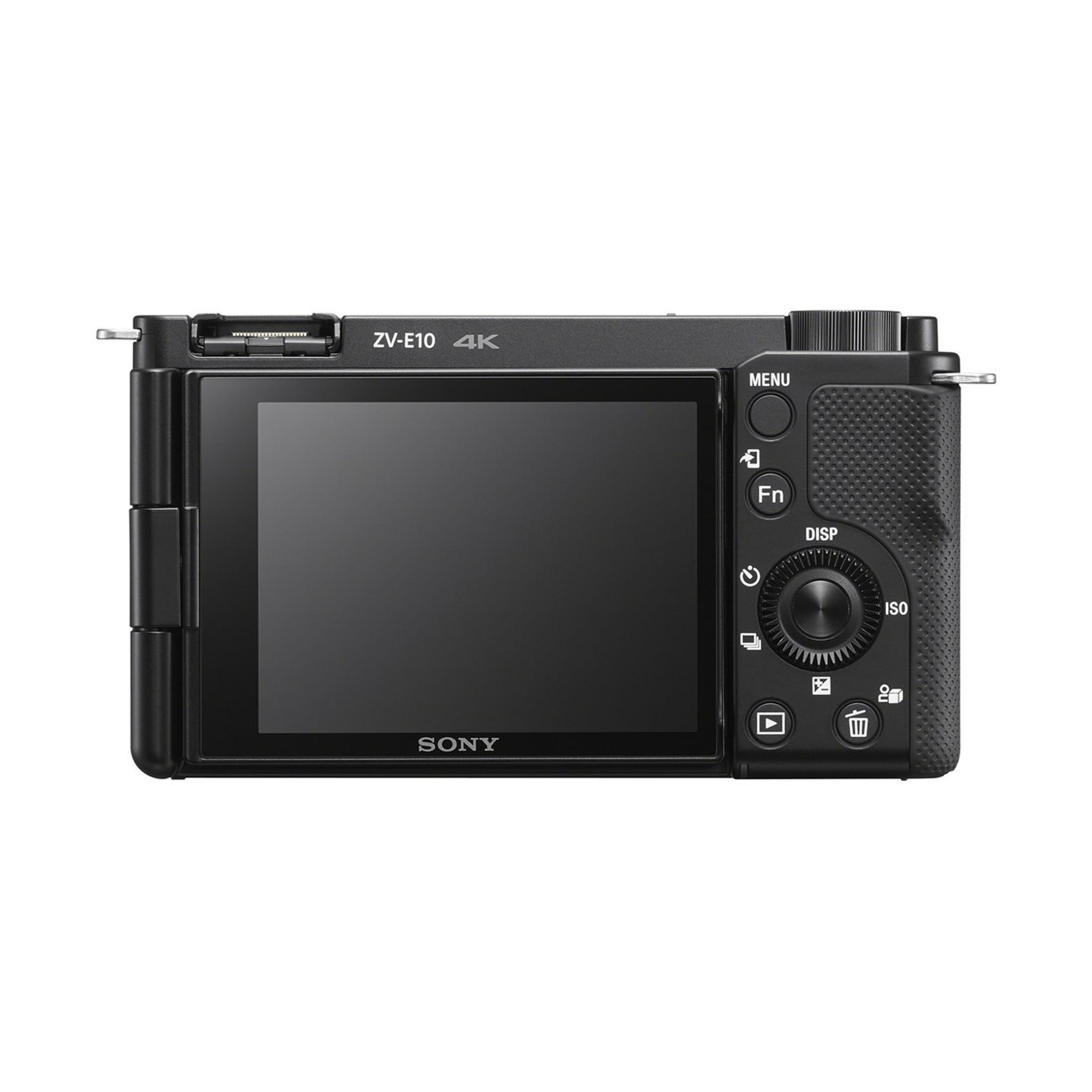 Rückseite einer schwarzen Sony ZV-E10 4K Kamera mit schwenkbarem Bildschirm und Bedienelementen.