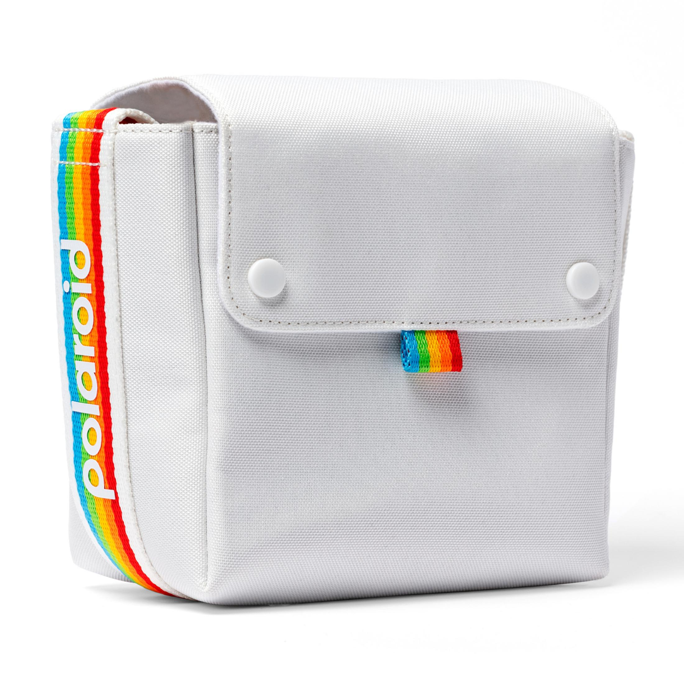 Weiße Polaroid Tasche mit Regenbogenband und Druckknopfverschluss.