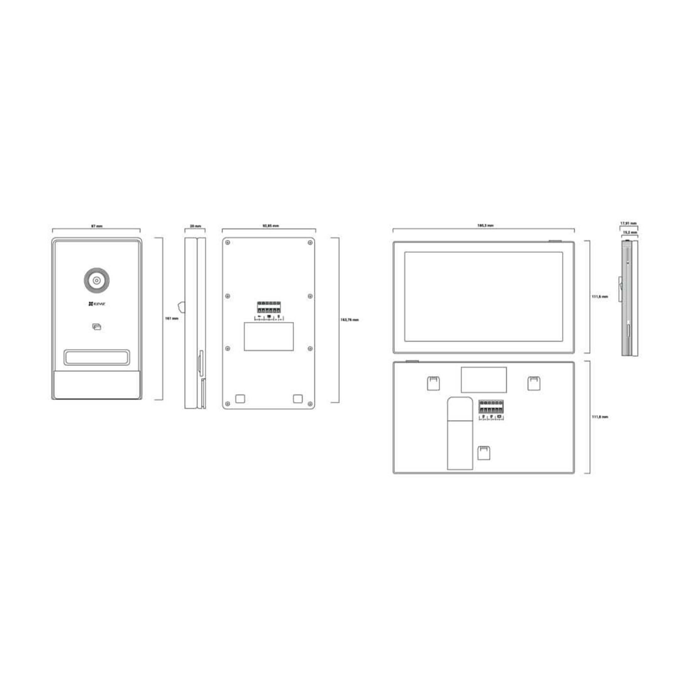 Disegno tecnico di un modulo citofonico con dimensioni e connessioni.