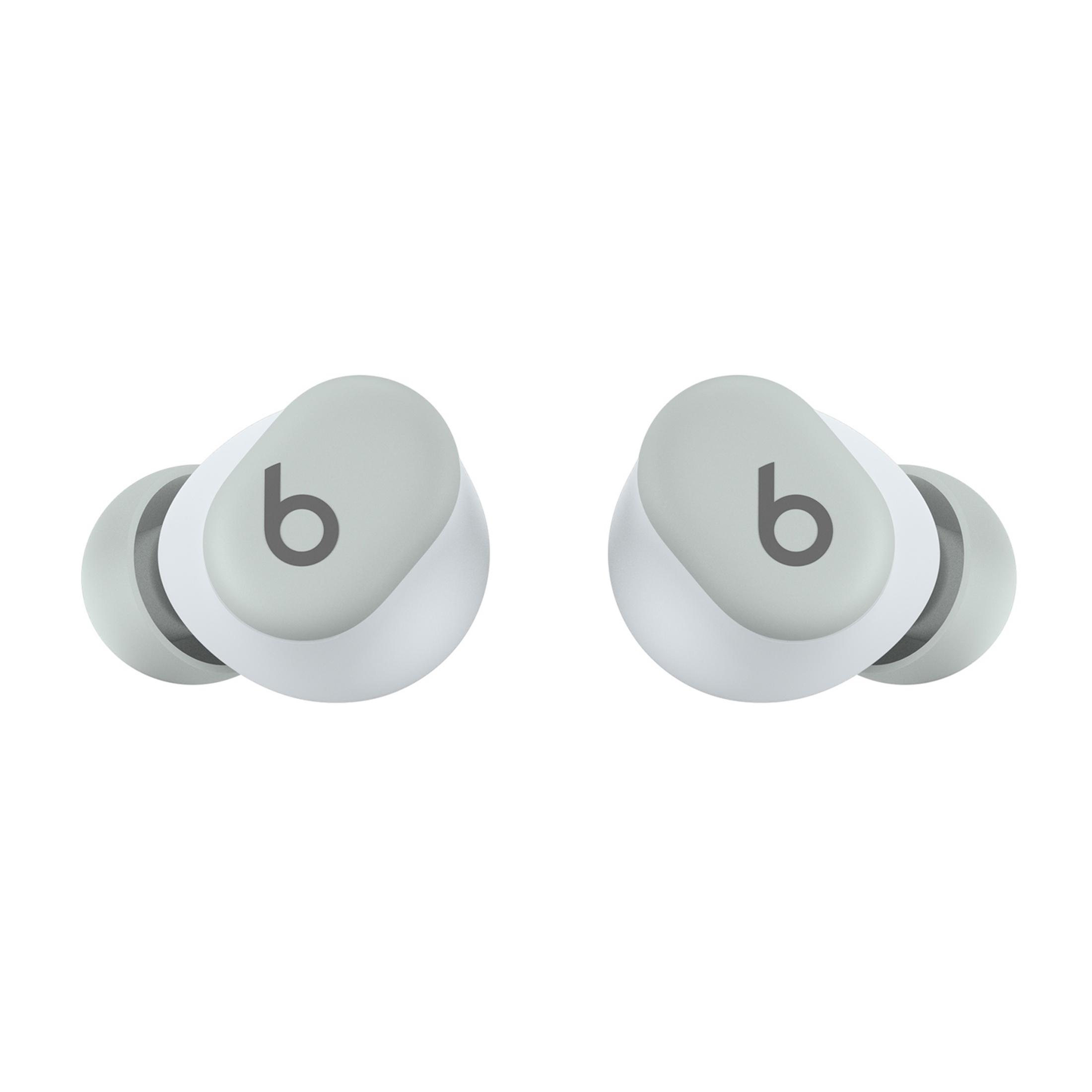 Dwa biało-jasnoszare słuchawki z logo Beats obok siebie na białym tle.