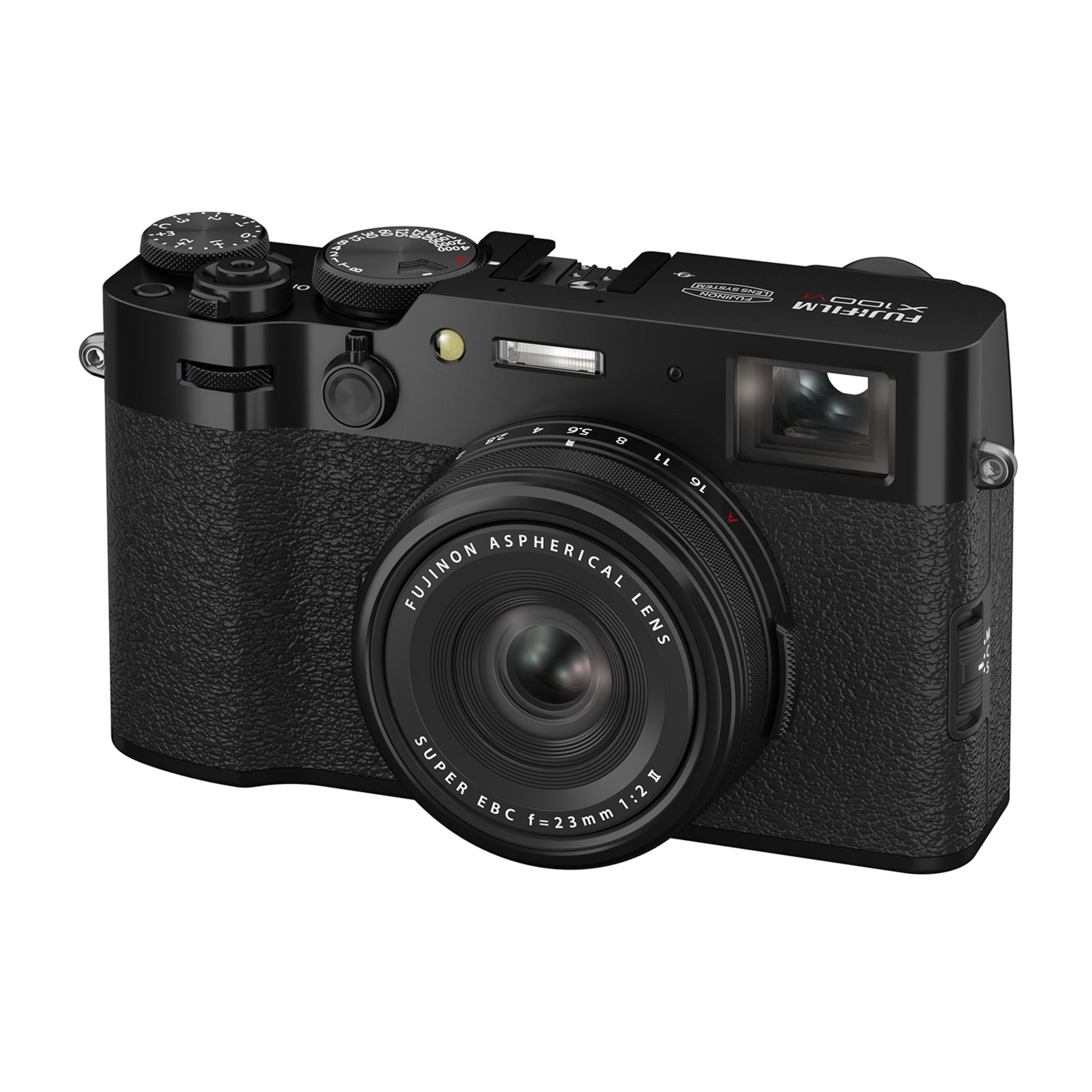 Zwarte Fujifilm X100 VI camera met zichtbare lens en bedieningsknoppen.