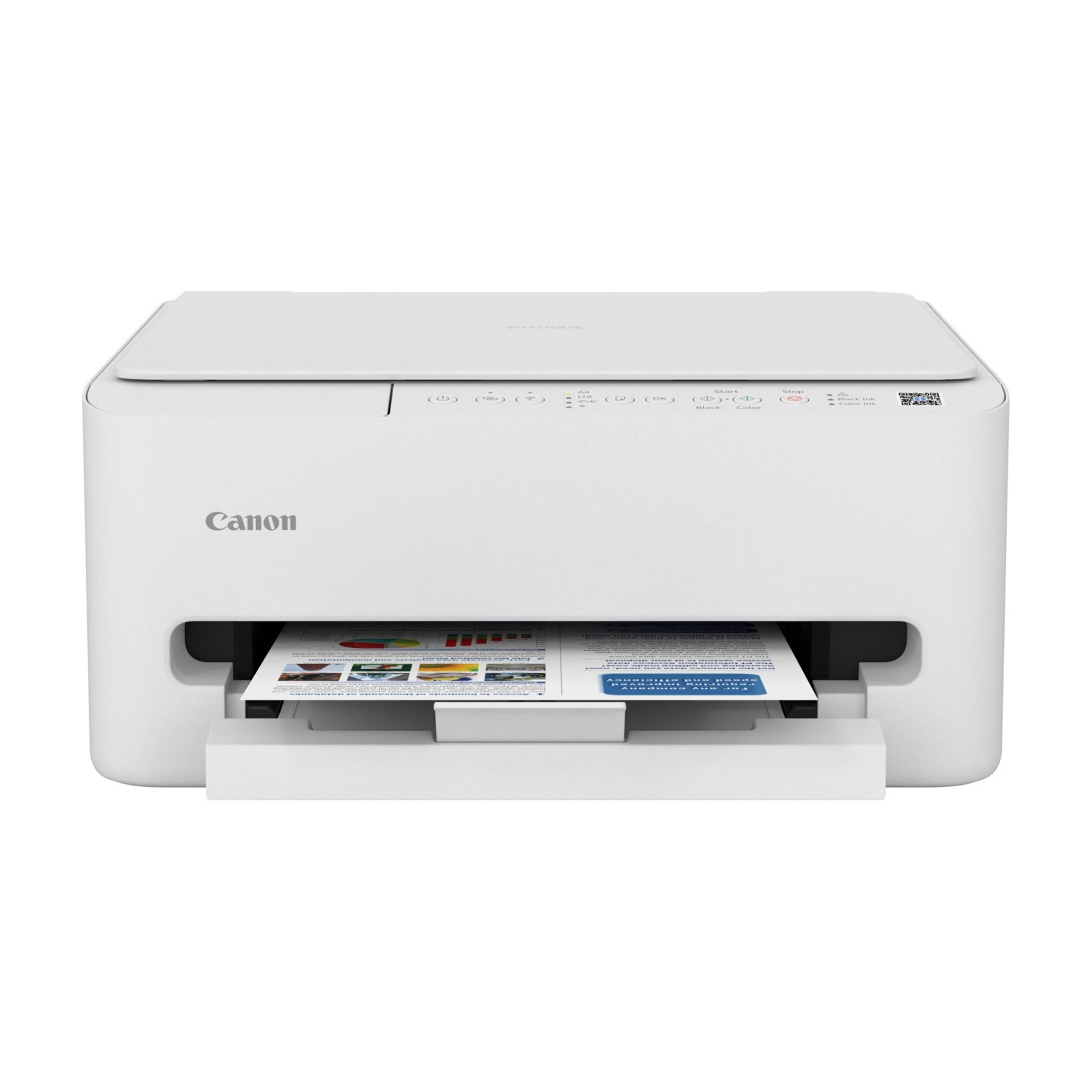 Una impresora Canon Pixma blanca con una hoja de papel saliendo.