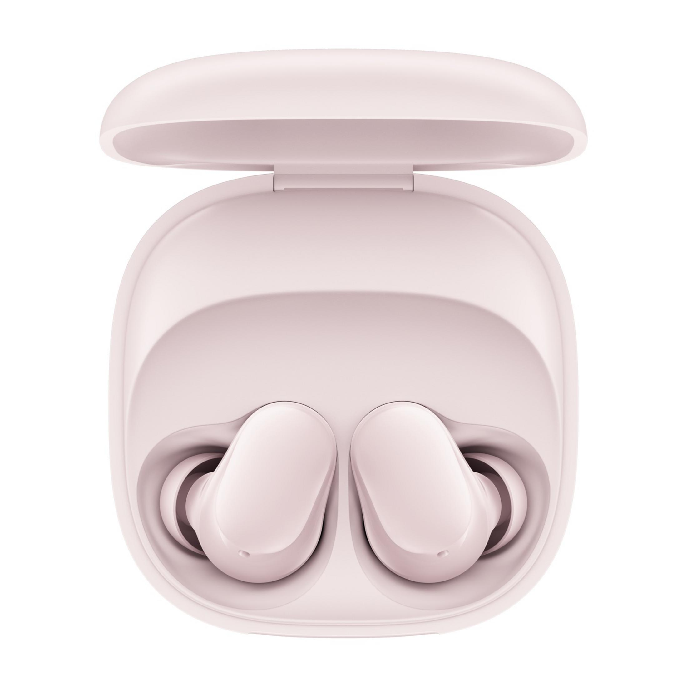 Un paio di auricolari wireless rosa nella loro custodia di ricarica aperta.