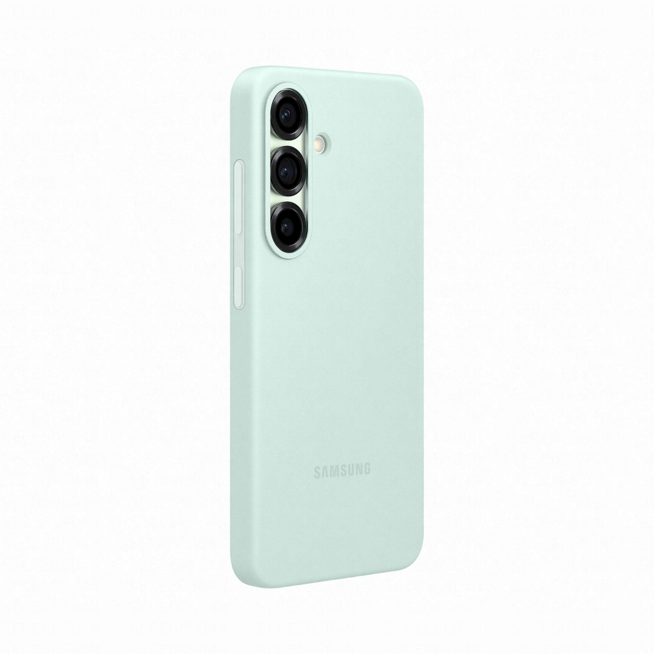 Una custodia per telefono verde chiaro con tre obiettivi della fotocamera e logo Samsung.