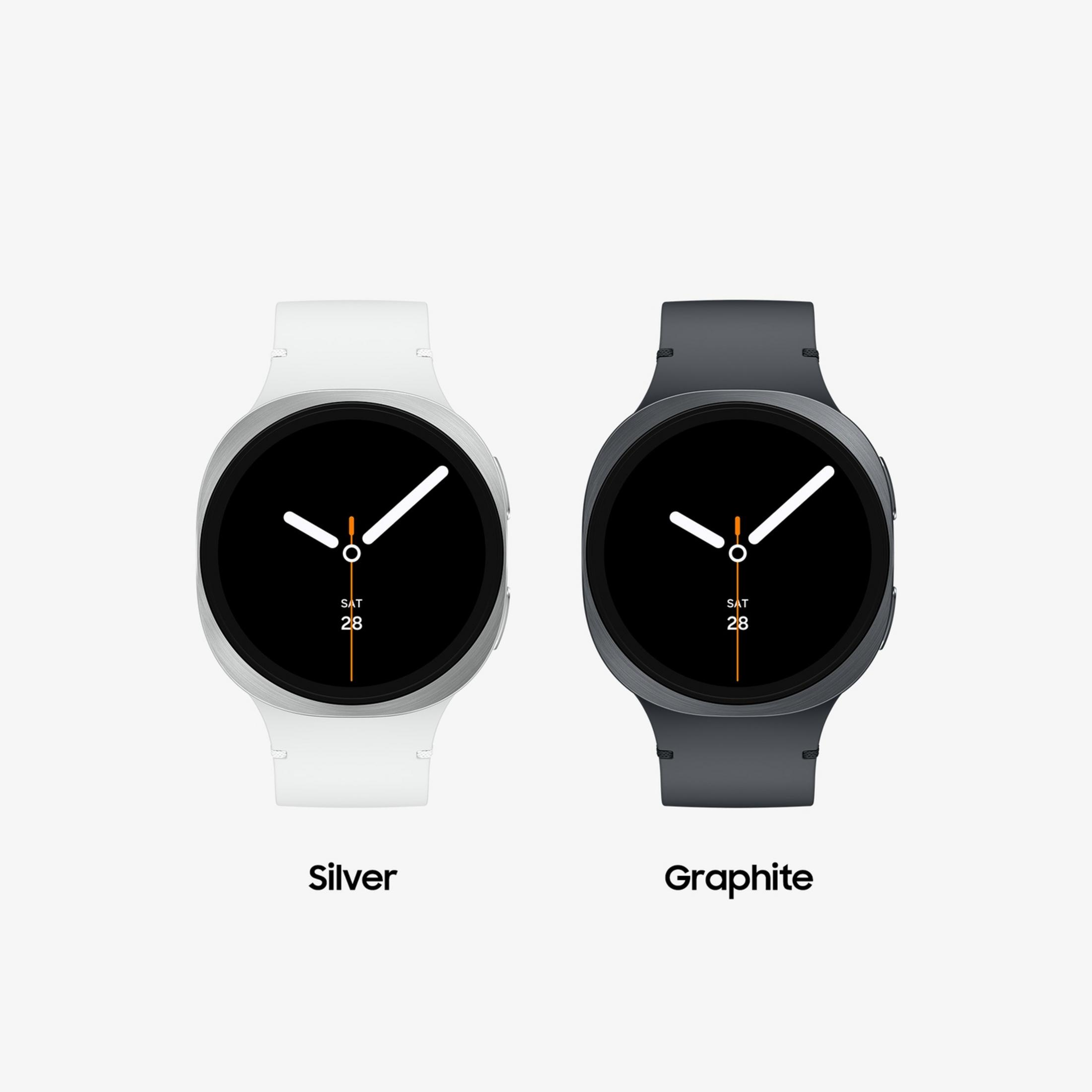 Twee smartwatches, zilver en grafiet, naast elkaar op witte achtergrond.