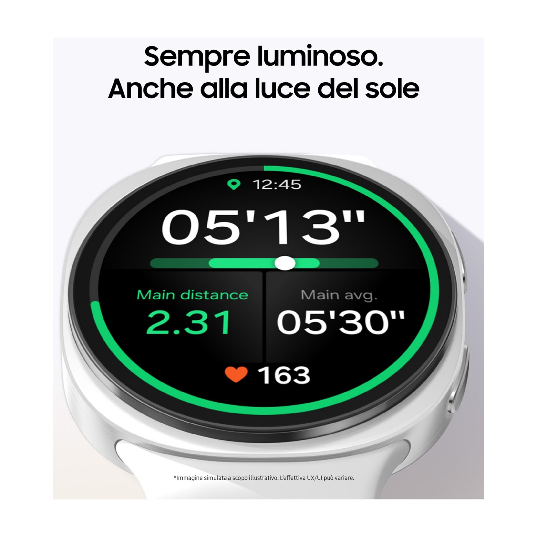 Een witte smartwatch toont 12:45, 05'13", 2,31 afstand, 05'30" gemiddeld en 163 hartslagen.