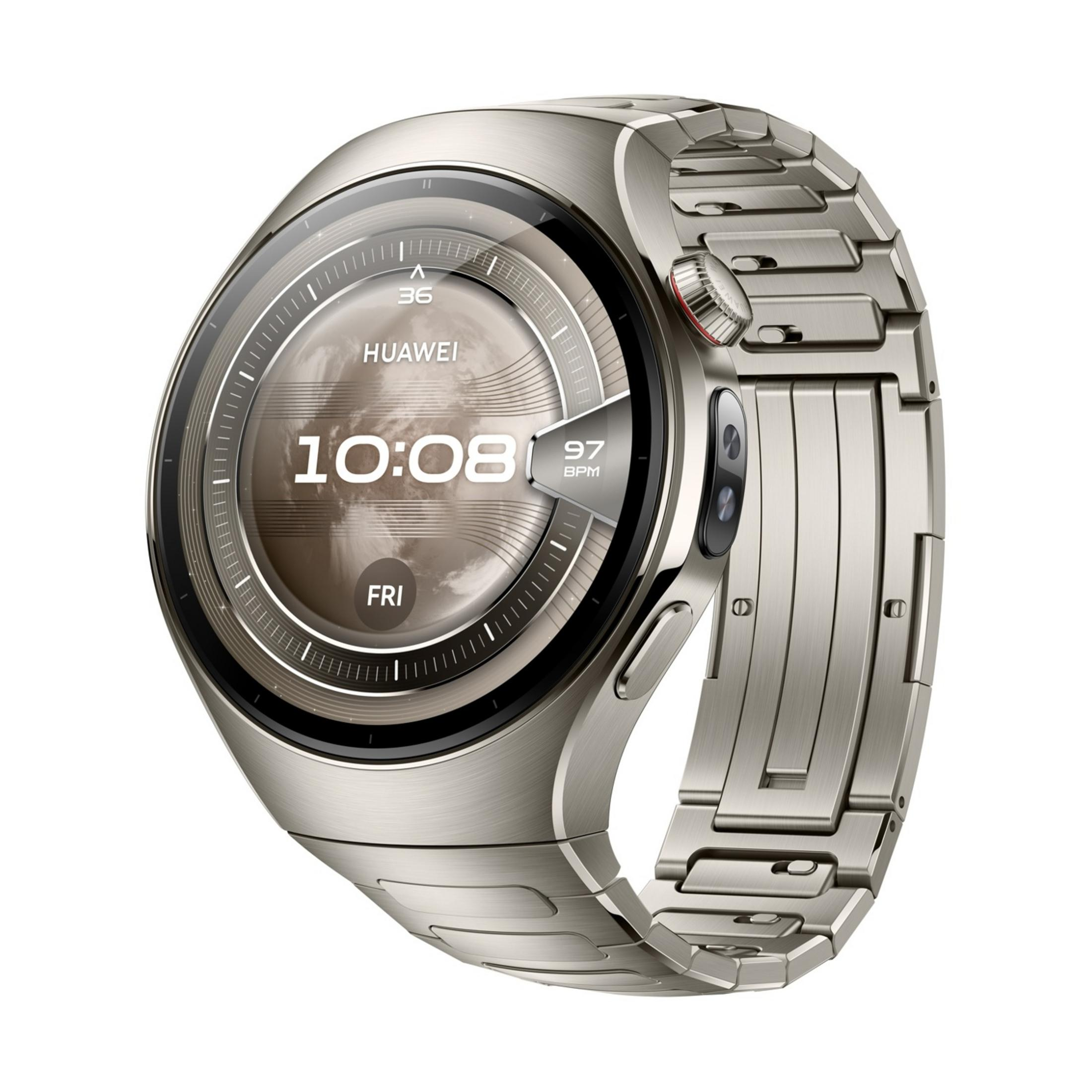 Zilverkleurig smartwatch met metalen band, toont 10:08 en 97 BPM.
