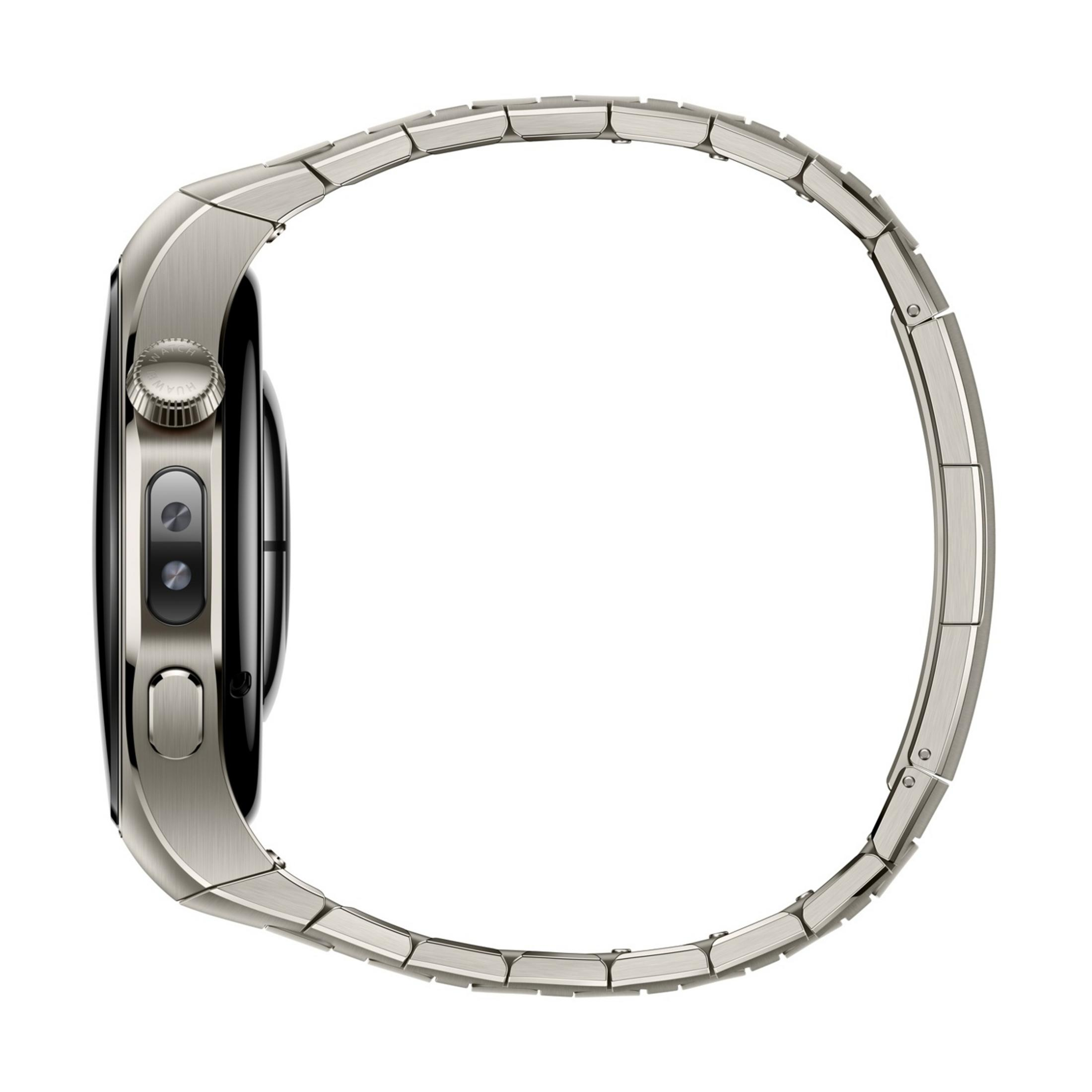 Zilveren smartwatch met metalen band, zijaanzicht.