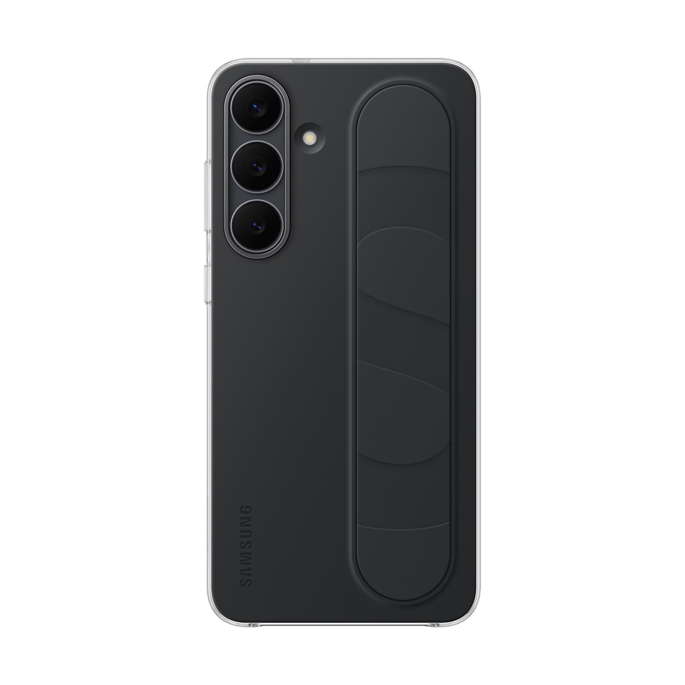 Czarne etui na telefon z modułem aparatu i paskiem na uchwyt.