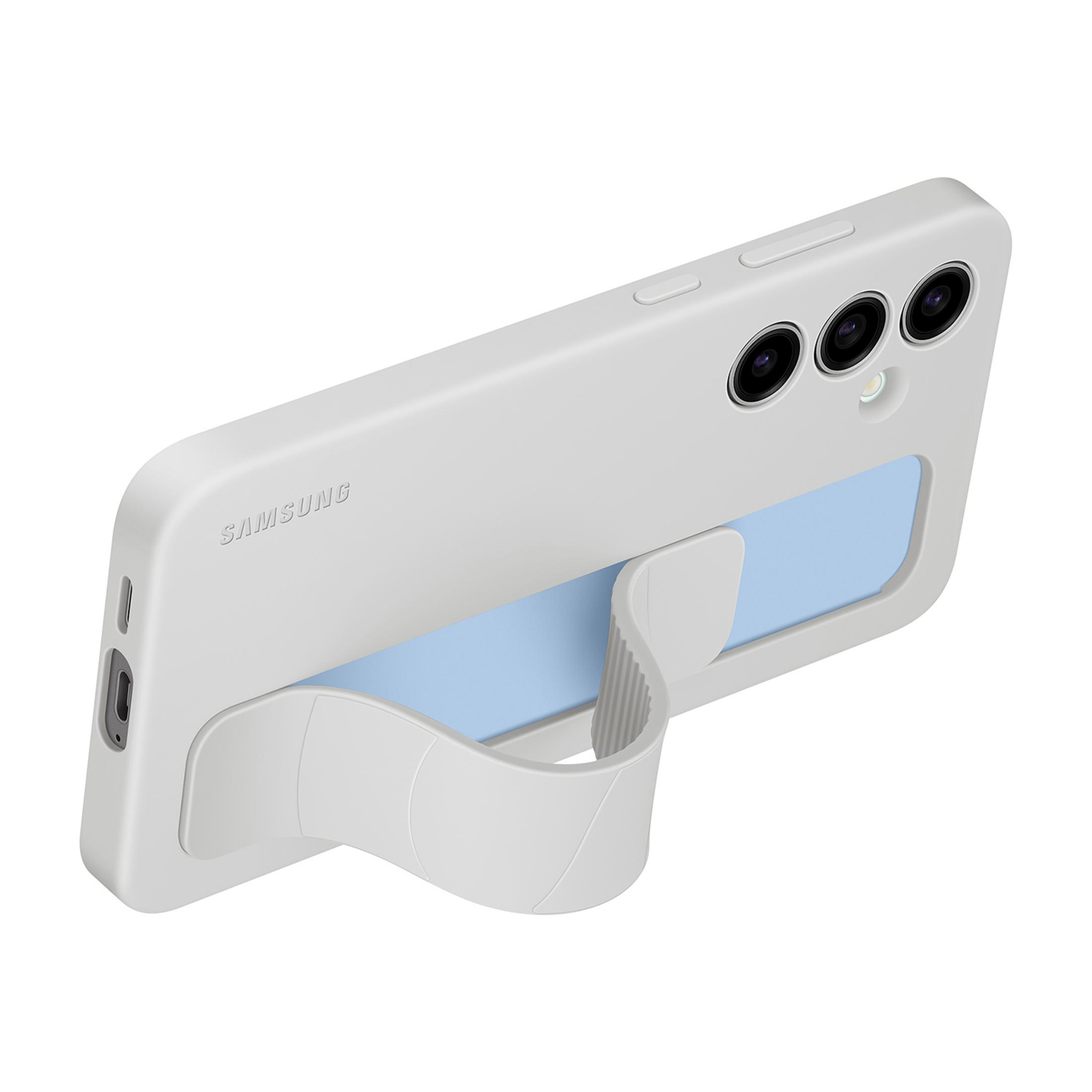 Un telefono Samsung grigio chiaro con impugnatura e retro blu.