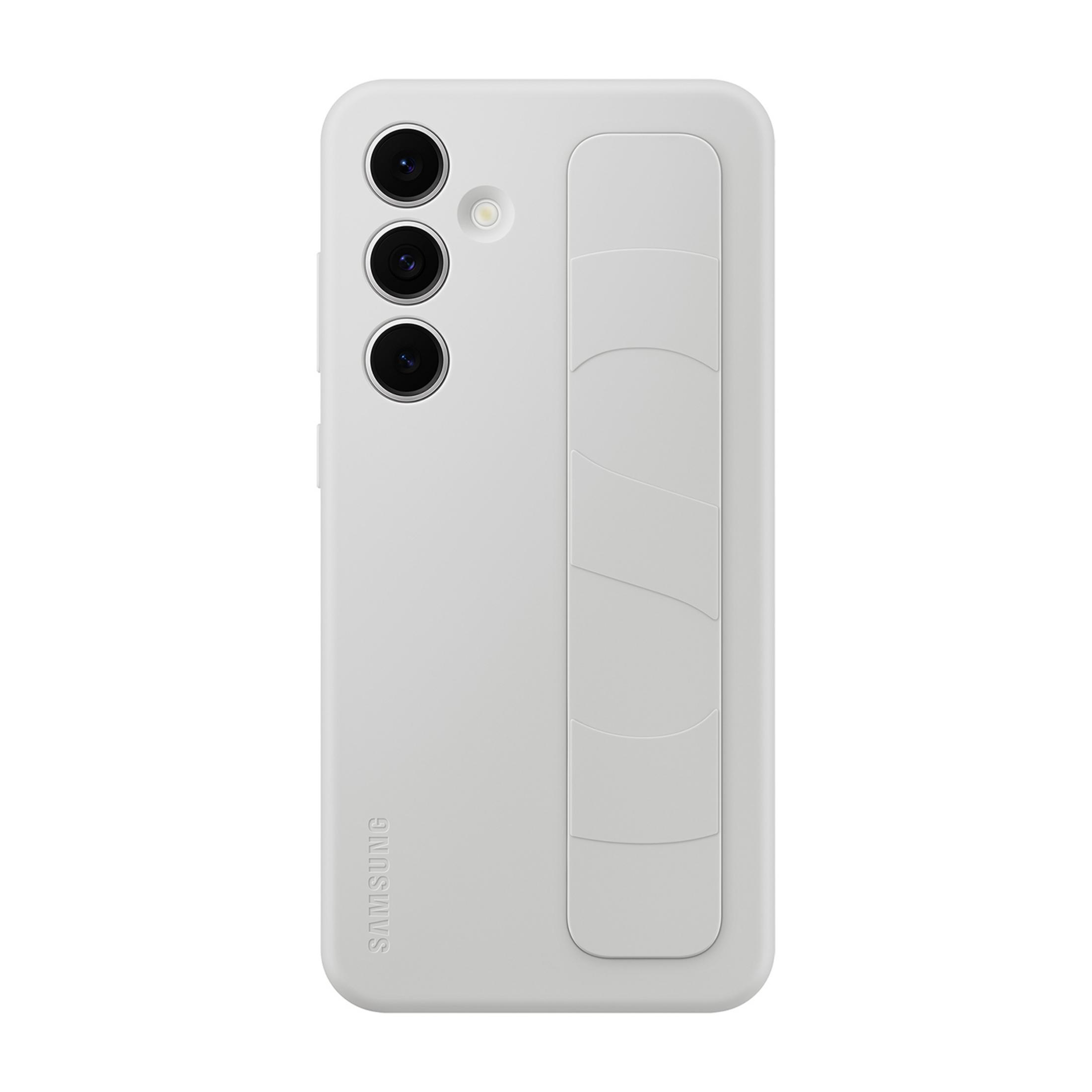 Una custodia bianca per telefono con tre fotocamere e logo Samsung.