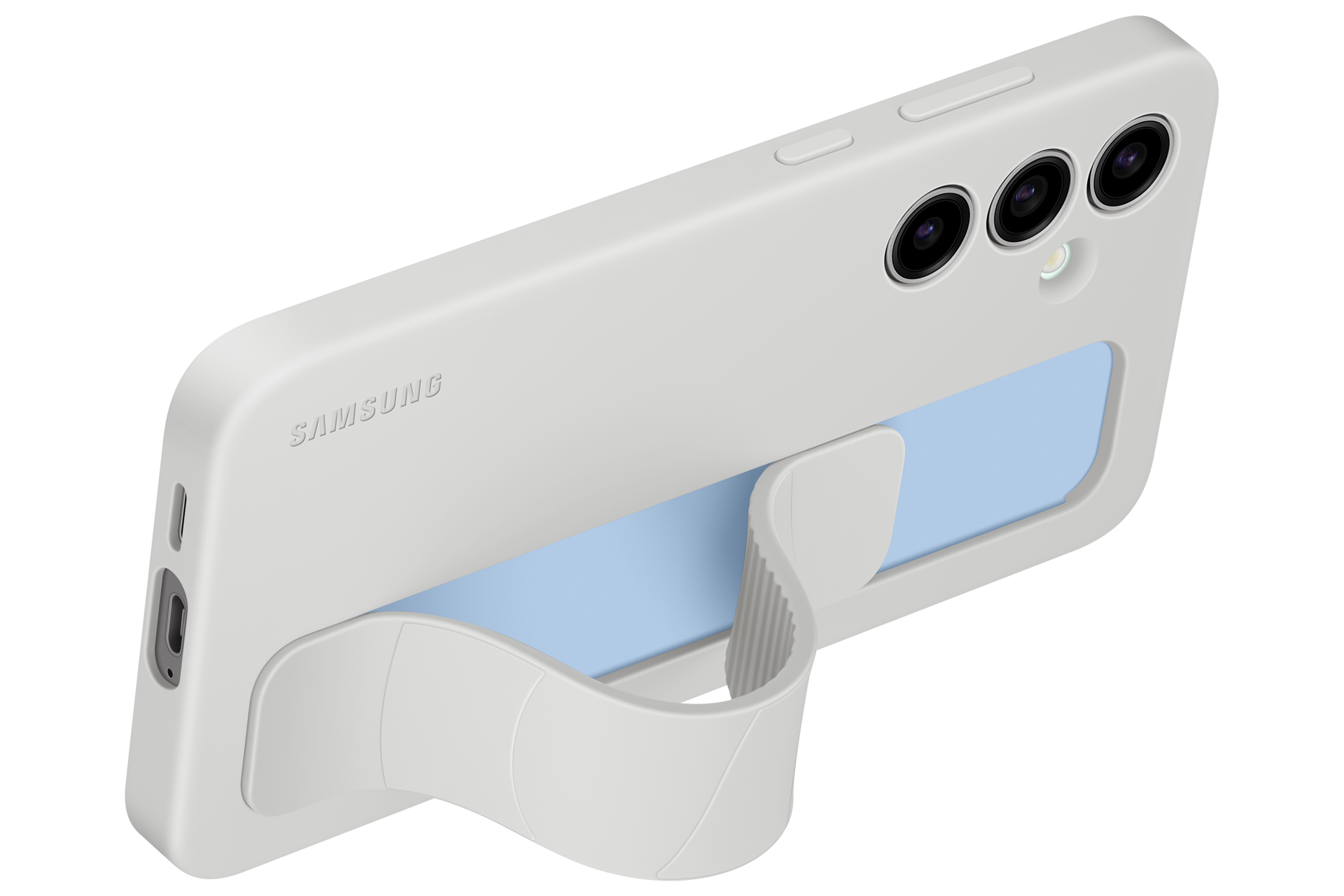 Un telefono Samsung bianco con impugnatura e tre fotocamere posteriori.