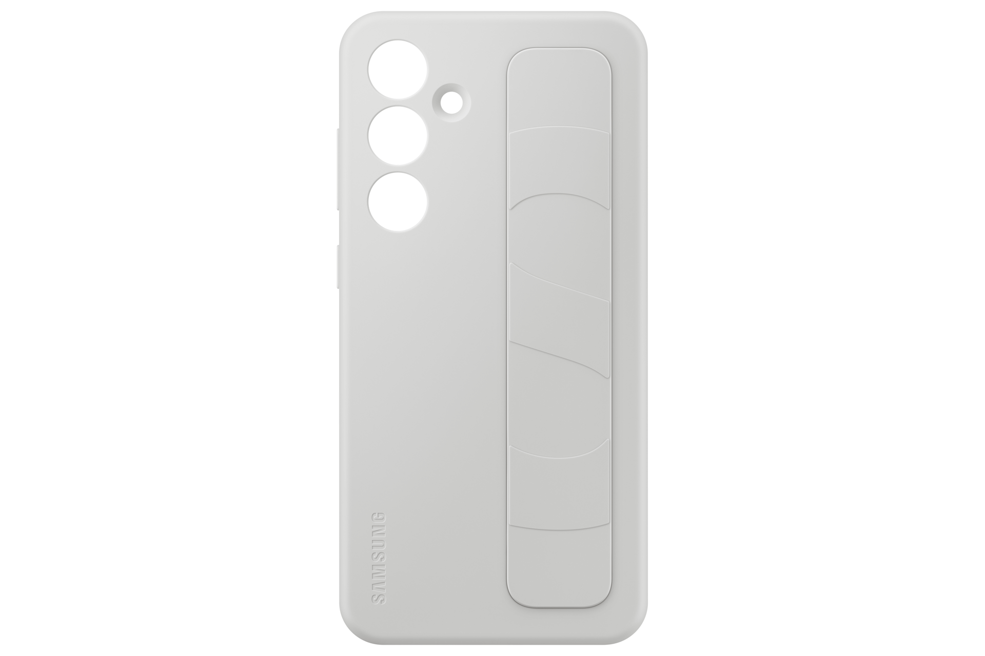 Una custodia bianca per telefono con tre ritagli per fotocamera e fascia.