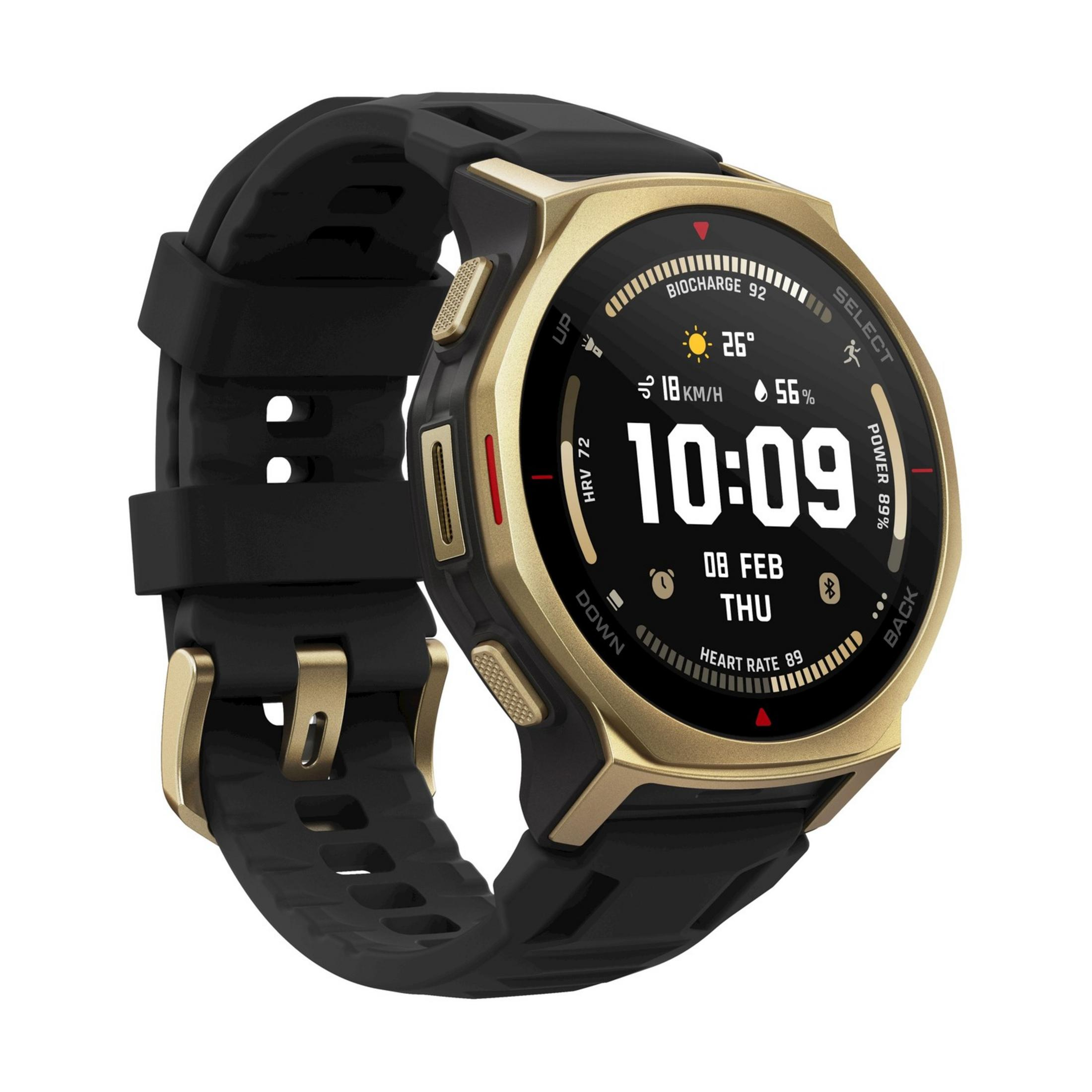 Złoty smartwatch z czarnym paskiem, pokazuje 10:09, 26°C, 18 km/h, tętno 89.