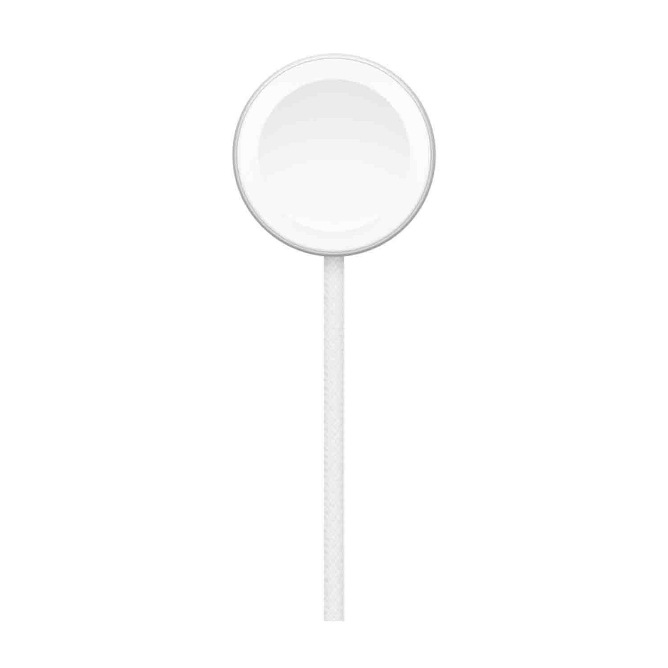 Un accessorio di ricarica bianco e rotondo con cavo bianco.