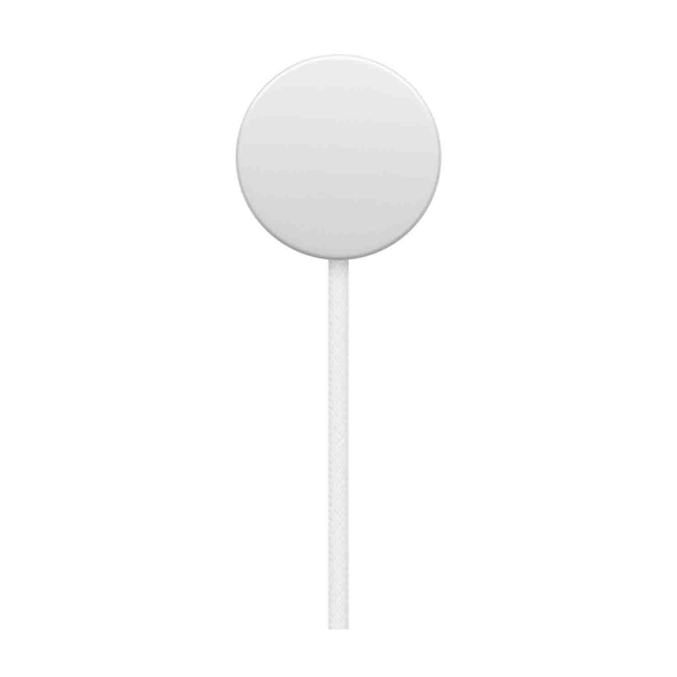 Un caricatore bianco rotondo con cavo intrecciato bianco.